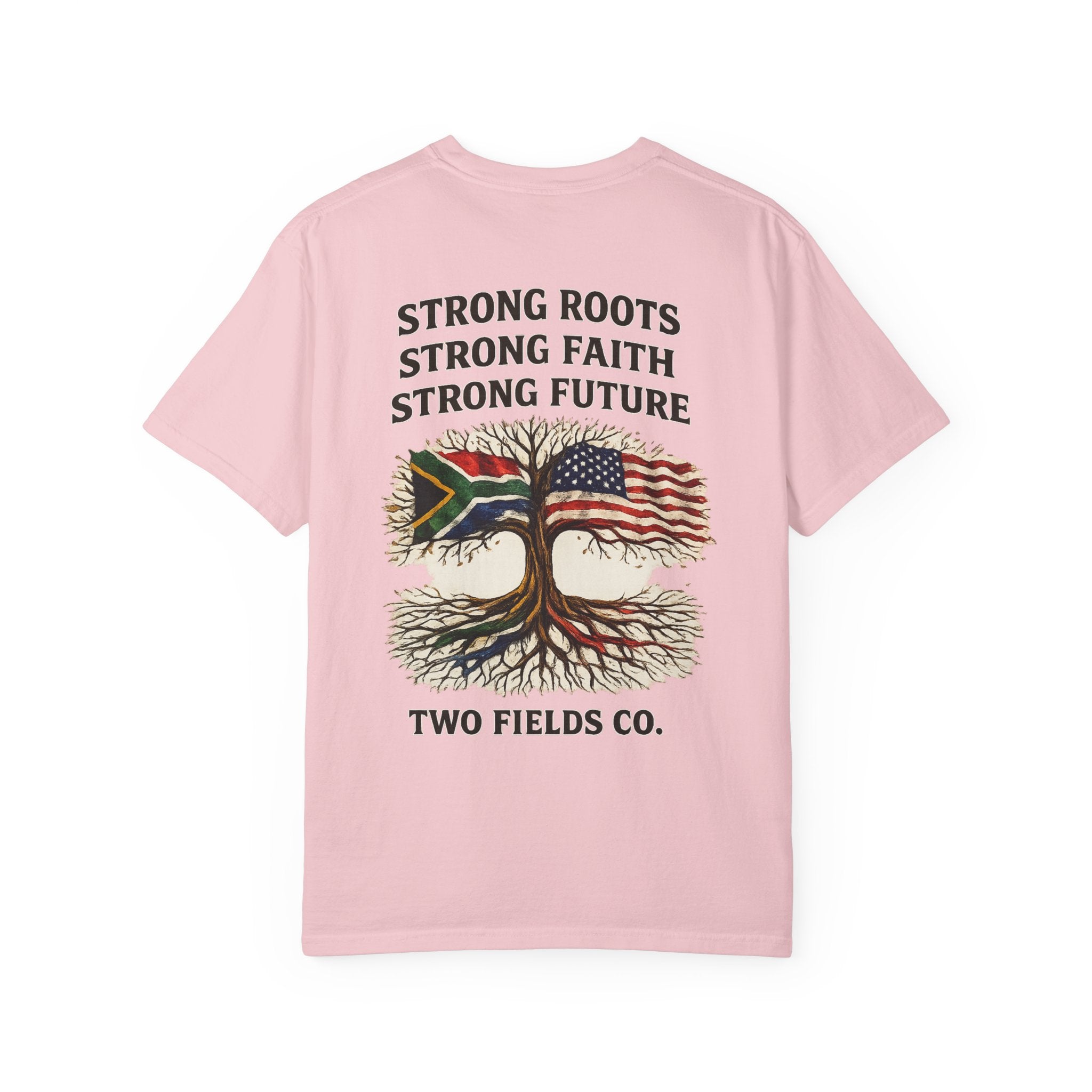 Light pink crew-neck T-shirt with Strong Roots faith future tree graphic and two flags