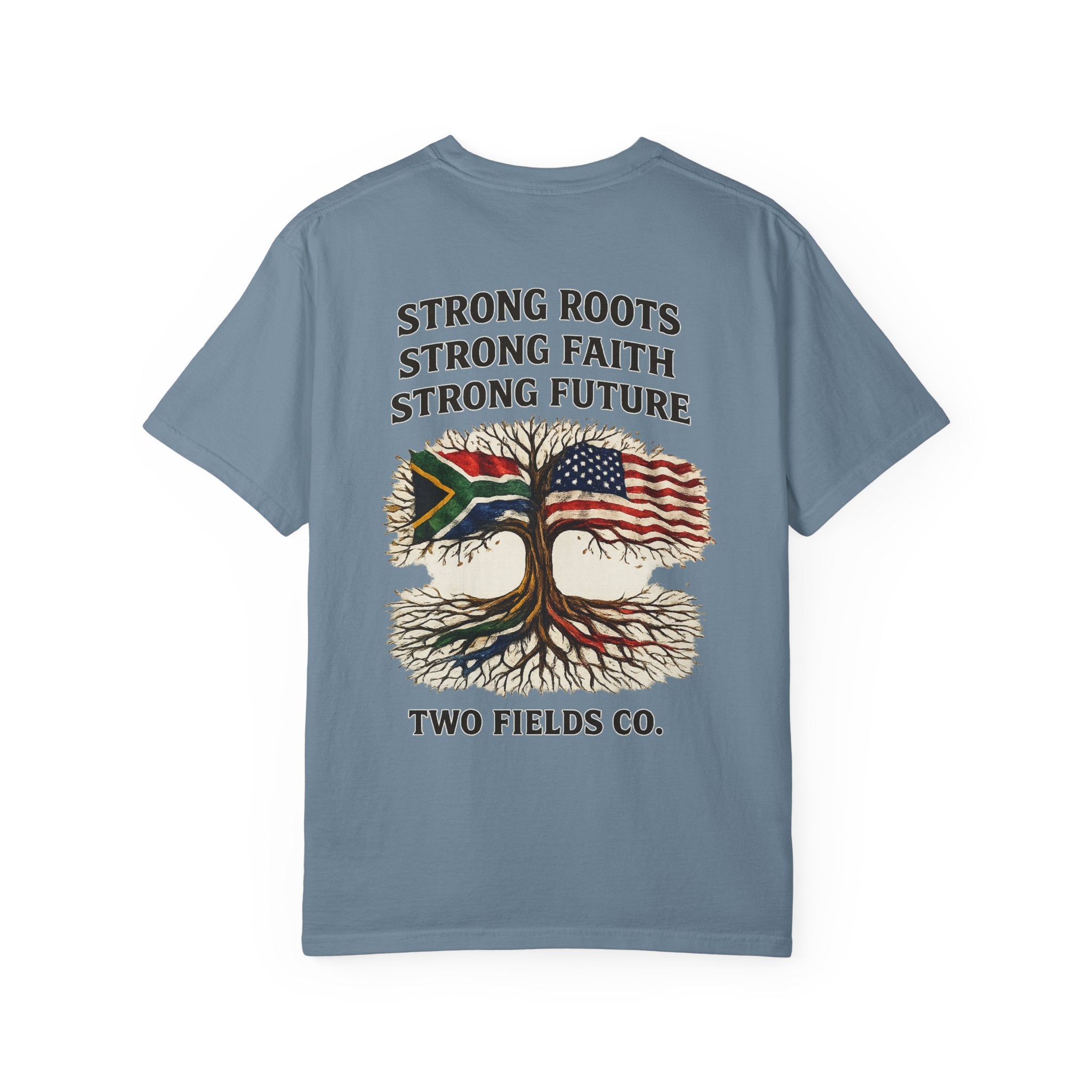 Light blue graphic T-shirt with bold text and tree graphic on the front