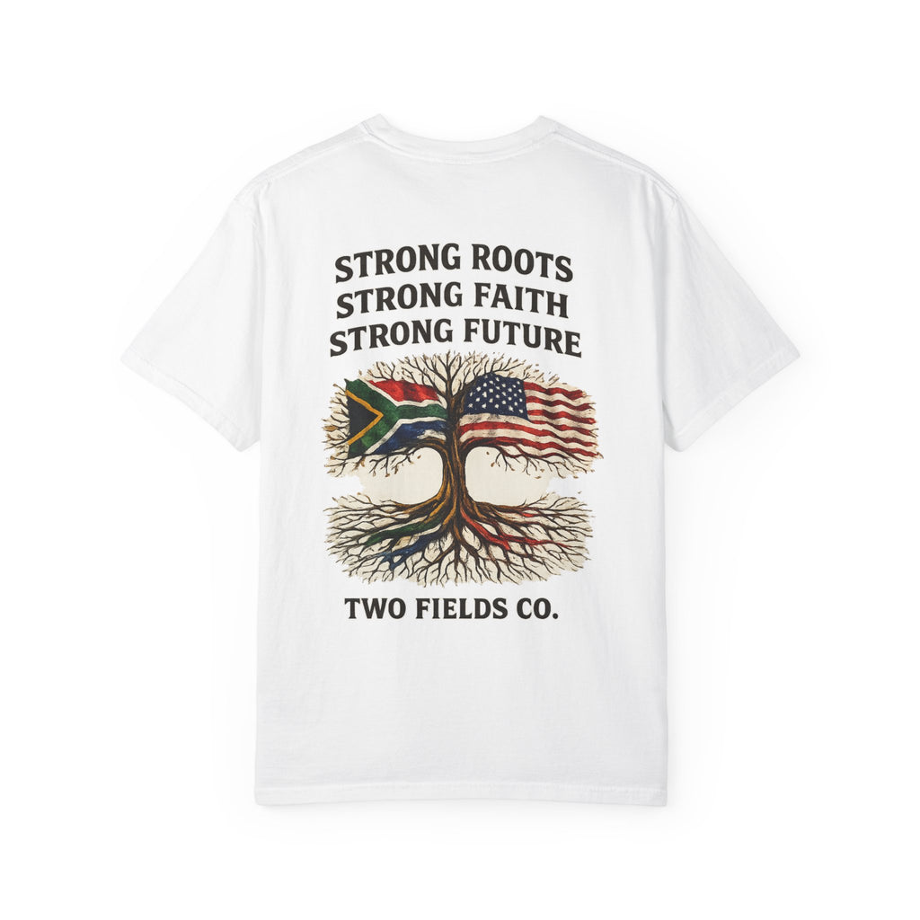 White back graphic t-shirt with Strong Roots text and tree flag design