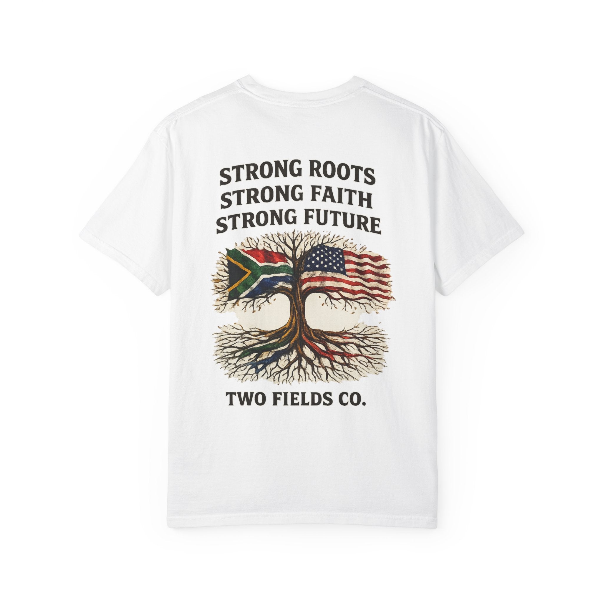 White back graphic t-shirt with Strong Roots text and tree flag design
