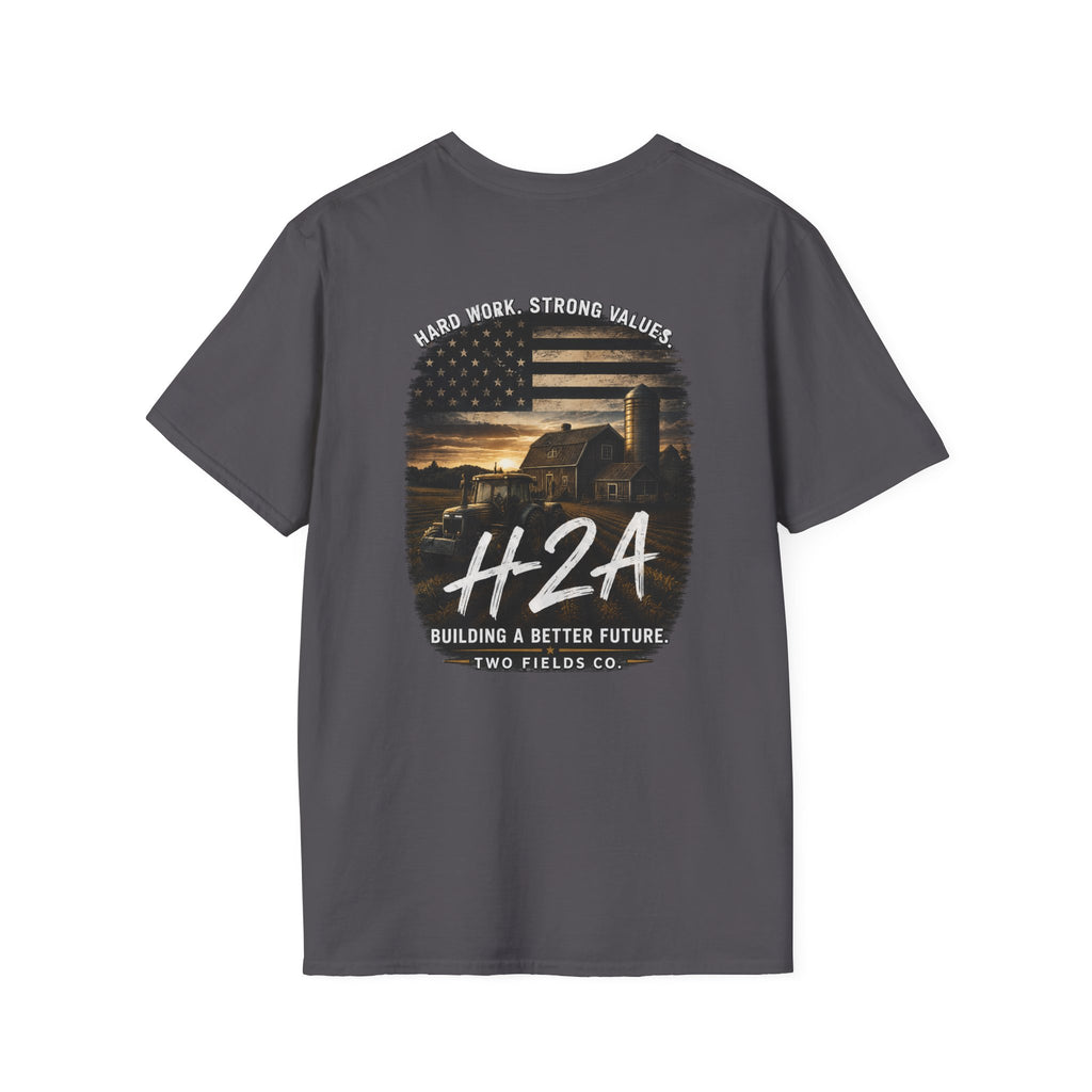 Unisex T-shirt in charcoal gray with large back H2A graphic and text