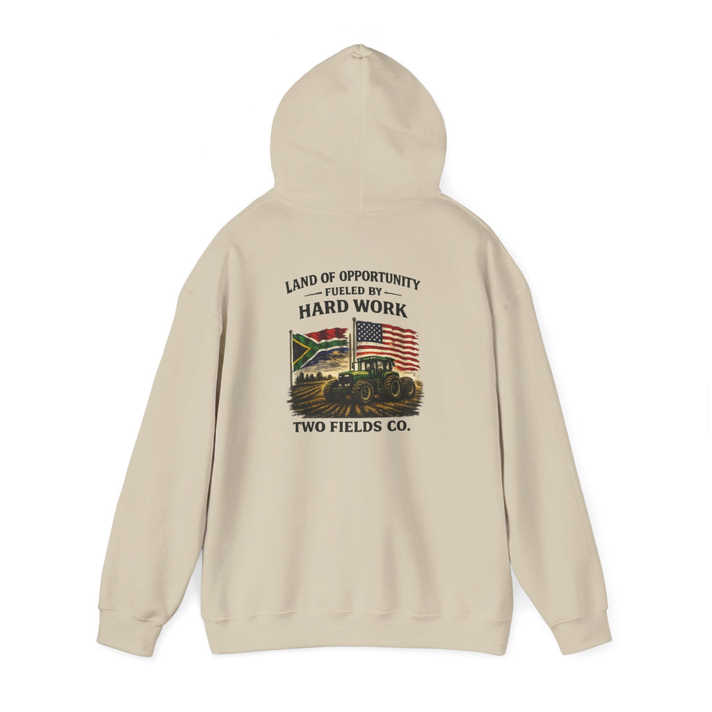 Cream hoodie with back tractor graphic and “Hard Work” text, “Two Fields Co.”