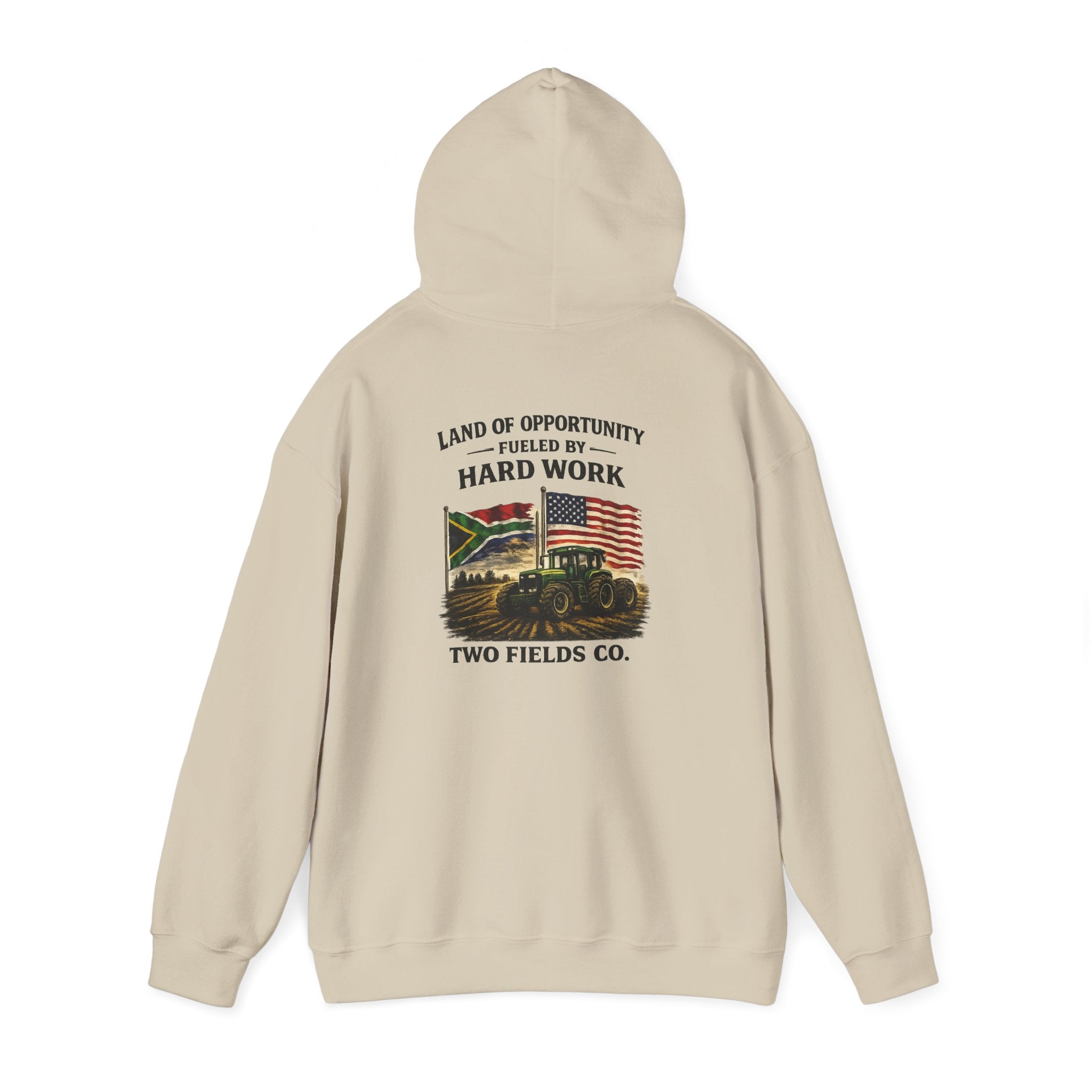 Cream hoodie with back tractor graphic and “Hard Work” text, “Two Fields Co.”