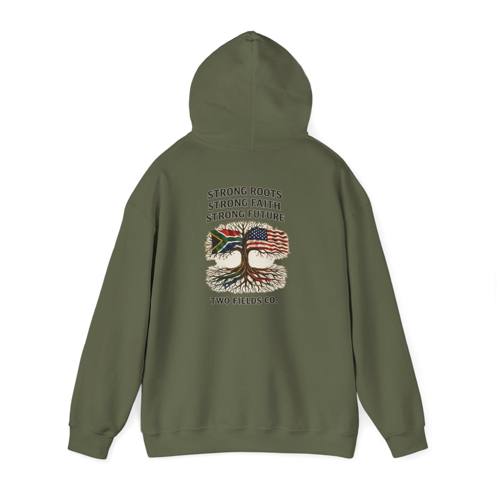 Olive green pullover hoodie with hood and kangaroo pocket, small chest logo graphic.