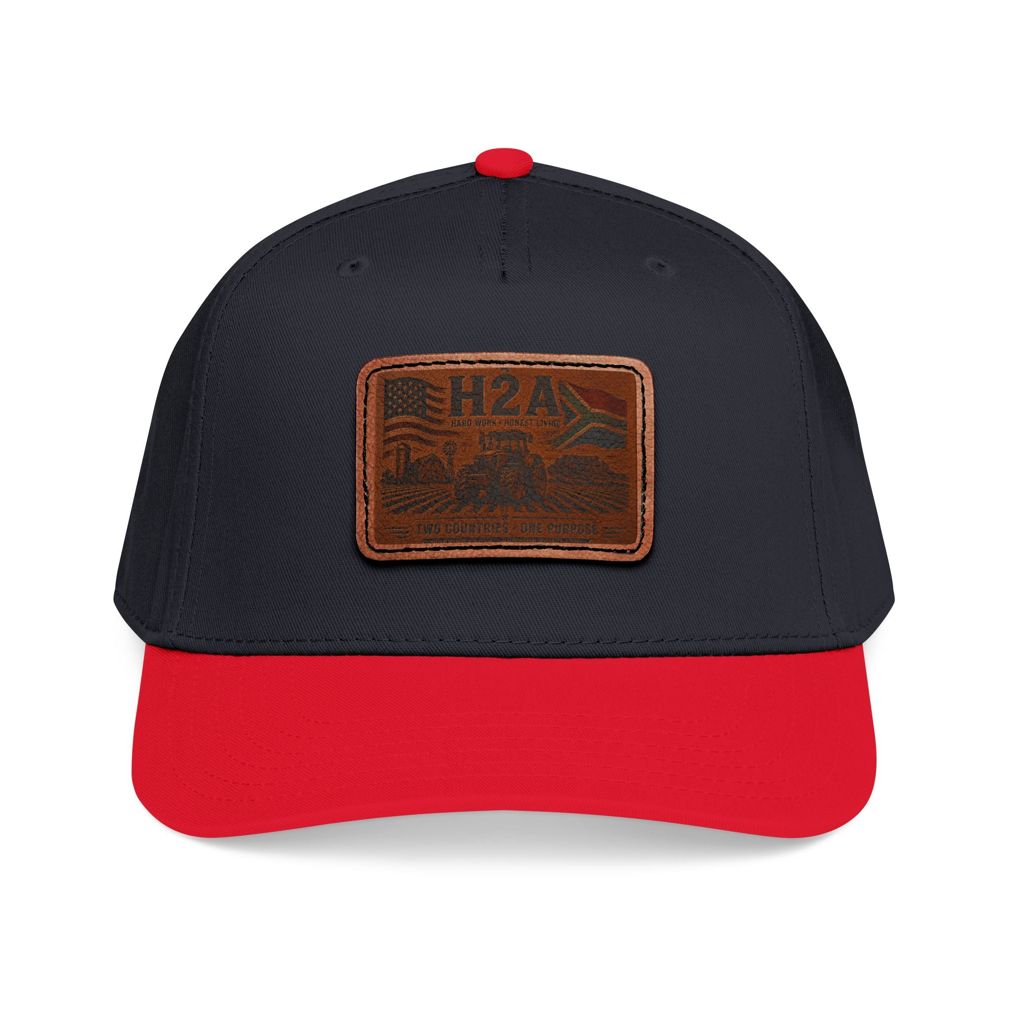 Navy and red two-tone baseball cap with stitched rectangular H2A patch logo