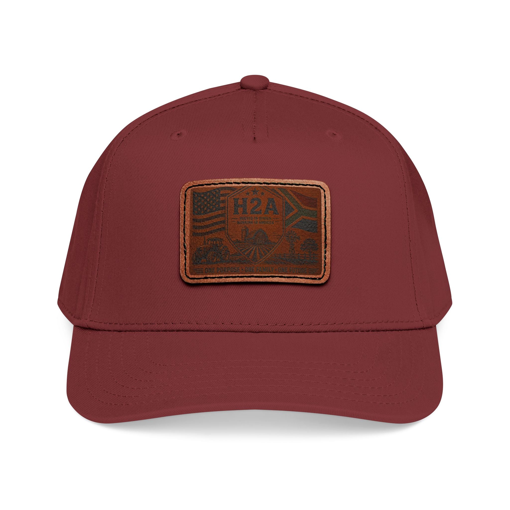 Maroon leather patch baseball cap with rectangular H2A flag patch