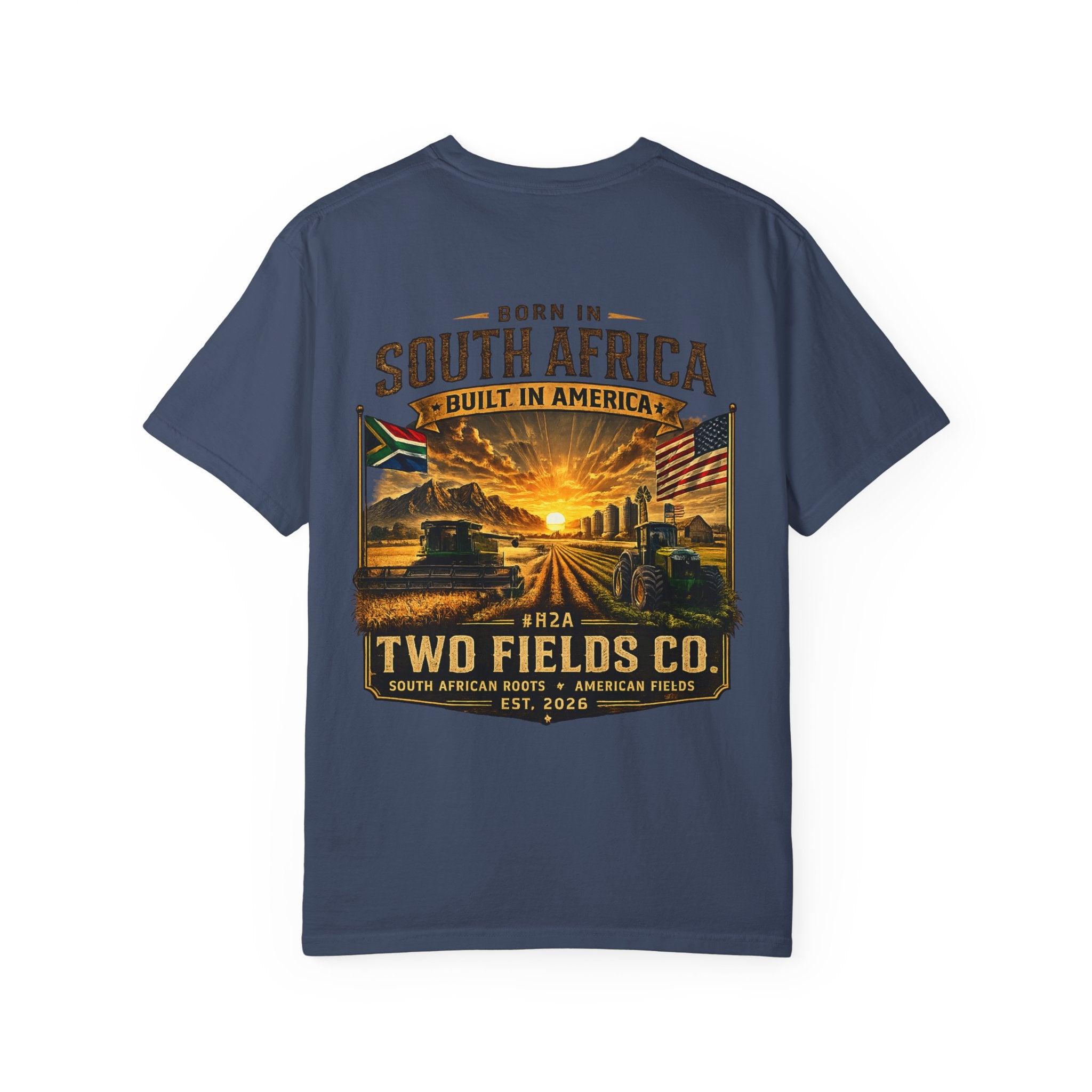Navy crew-neck T-shirt with large centered front graphic