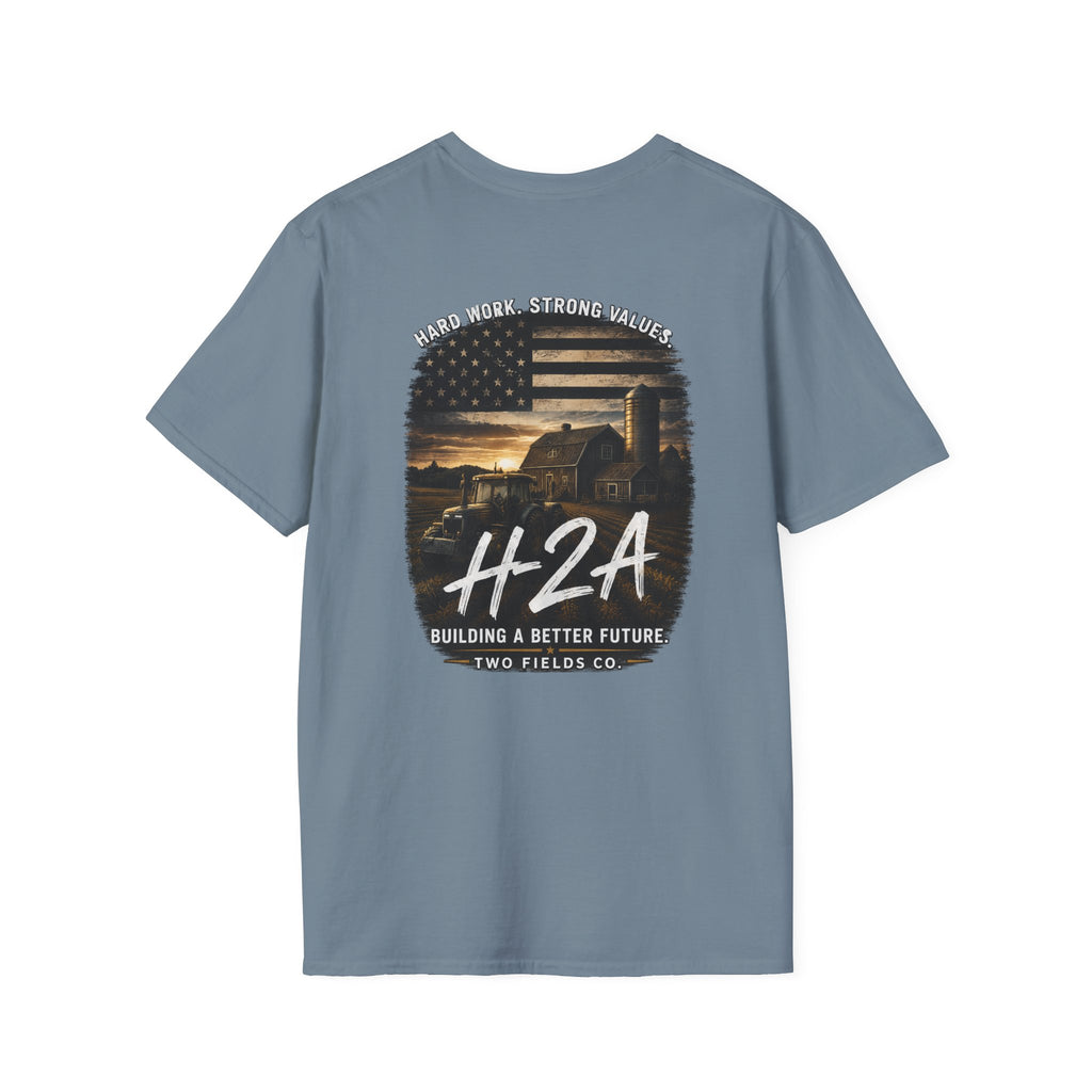 Unisex T-shirt in light blue with large back H2A graphic and text