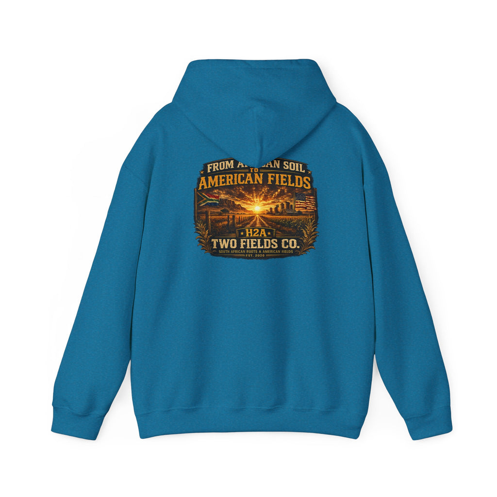 Bright teal hoodie pullover, back view with centered graphic text print