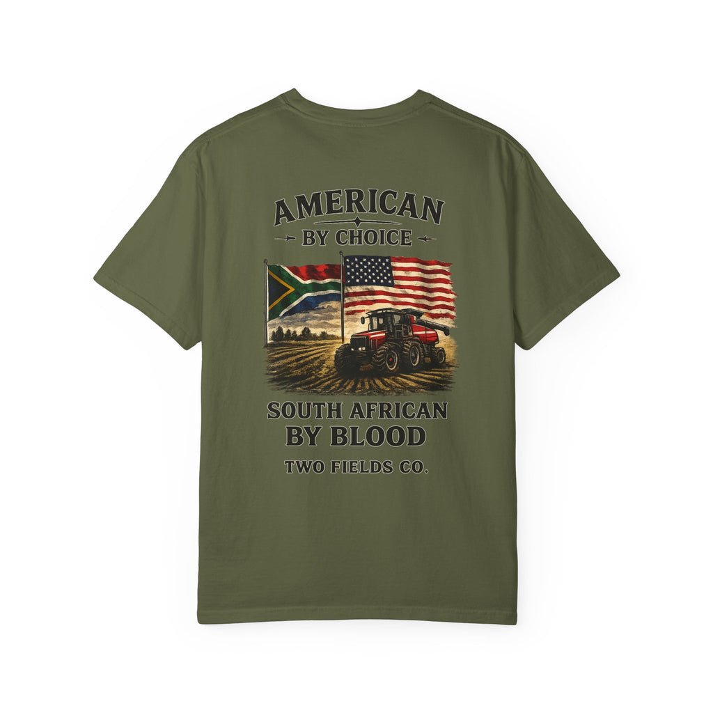 Moss green T-shirt with large front graphic text and flags