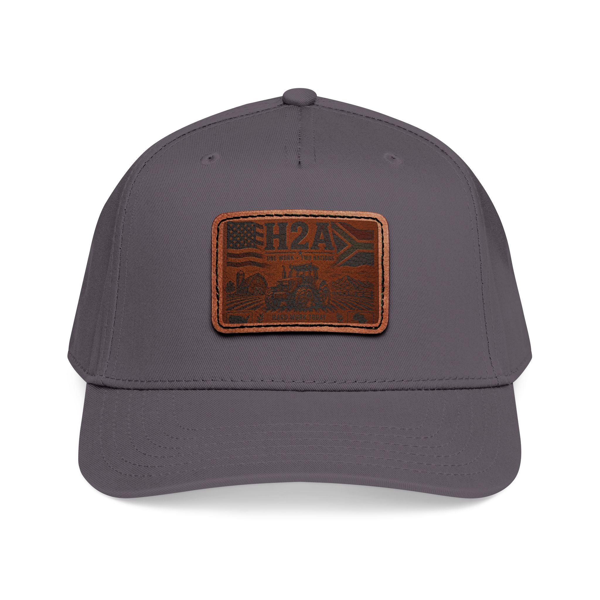 Grey baseball cap with rectangular H2A truck leather patch