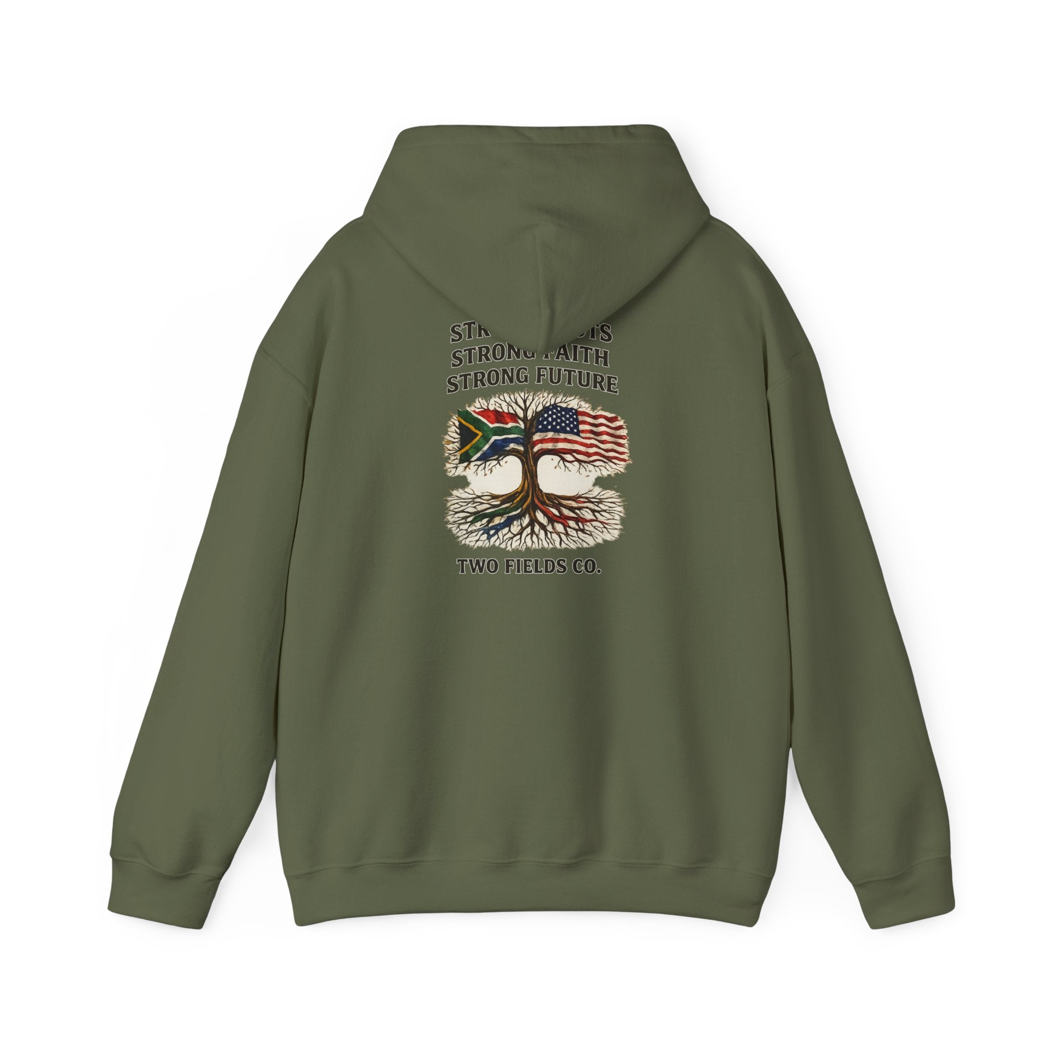 Olive green pullover hoodie with hood and front pocket, large tree graphic on back.