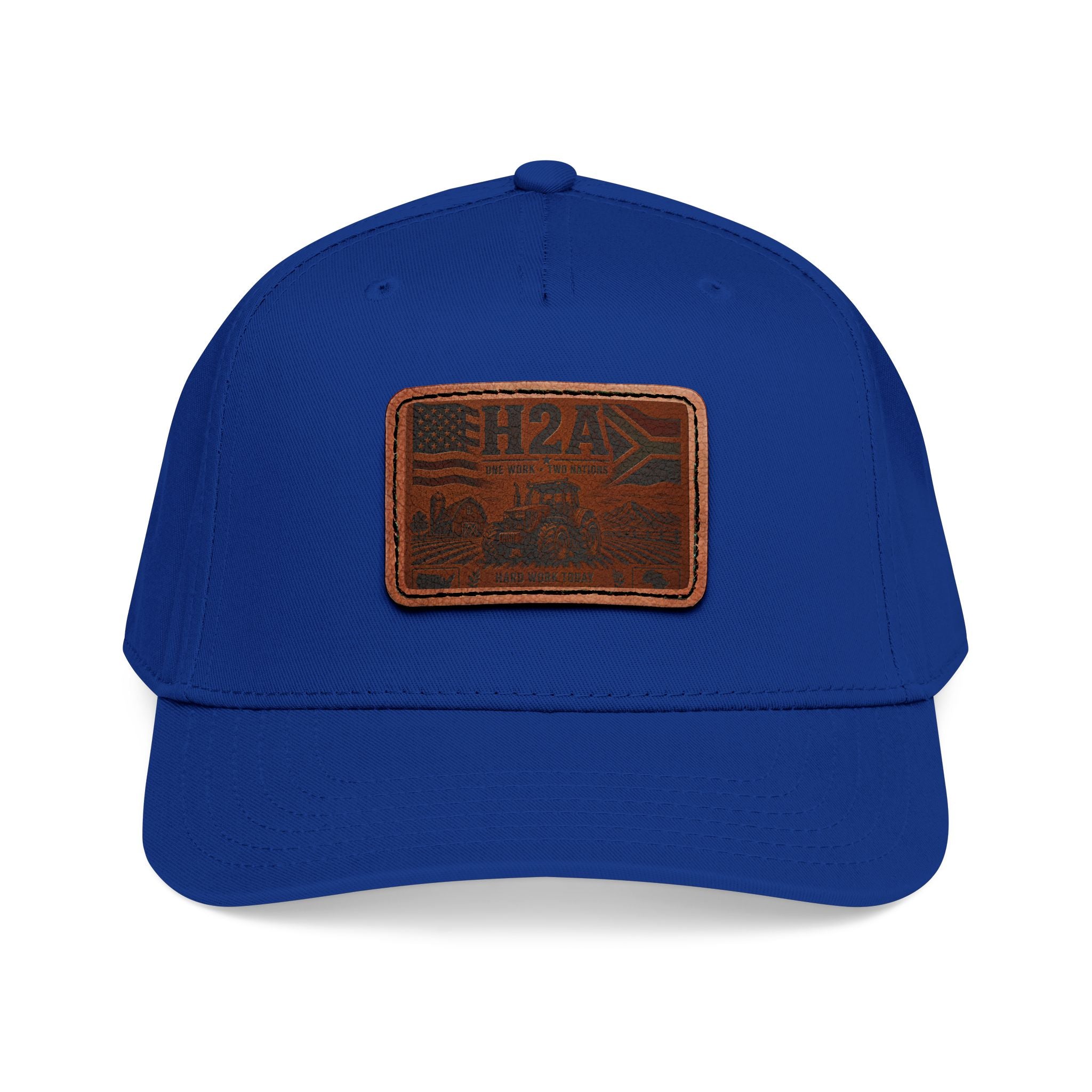 Leather patch baseball cap in royal blue with rectangular H2A truck patch
