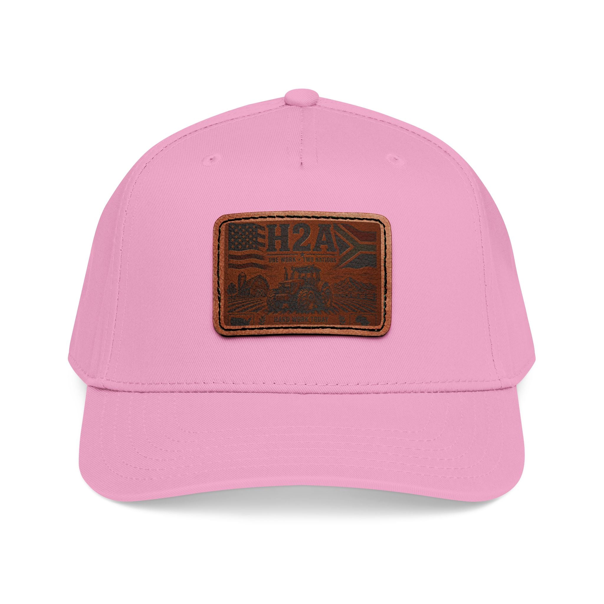 Pink baseball cap with rectangular H2A leather truck patch and stitched panel brim.