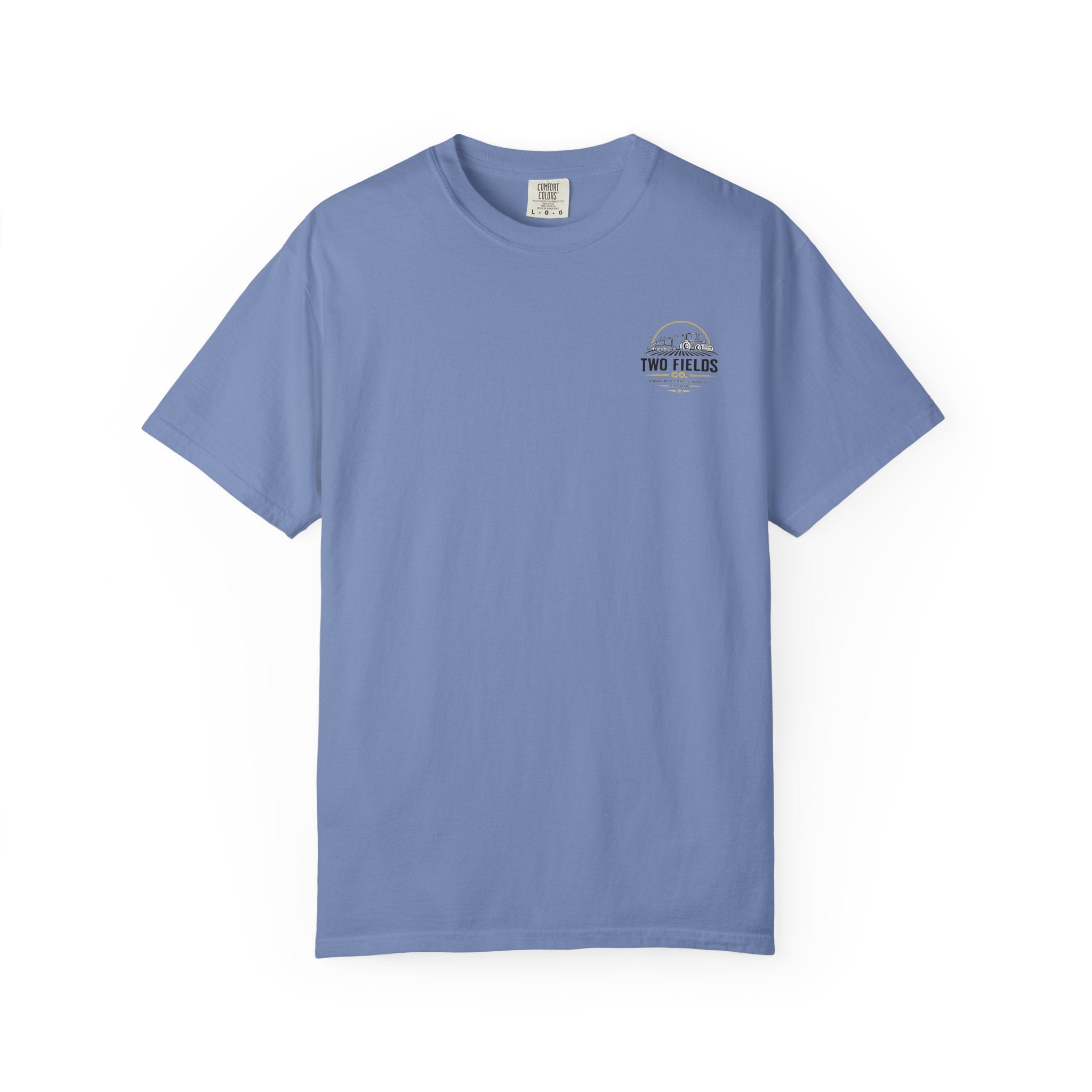 Periwinkle blue crew-neck T-shirt with small round Two Fields logo on the left chest