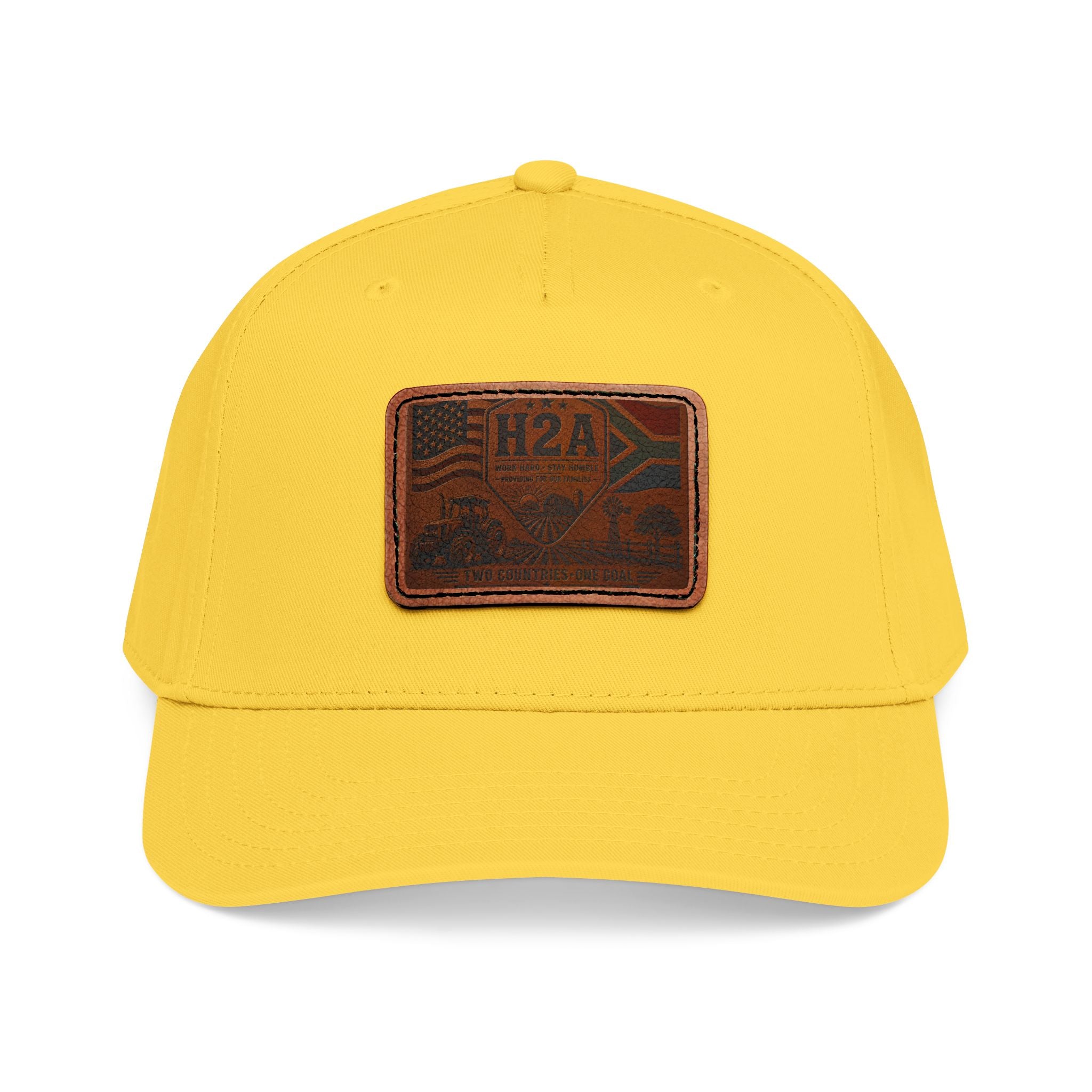 Leather patch baseball cap, yellow crown and brim, H2A flag patch