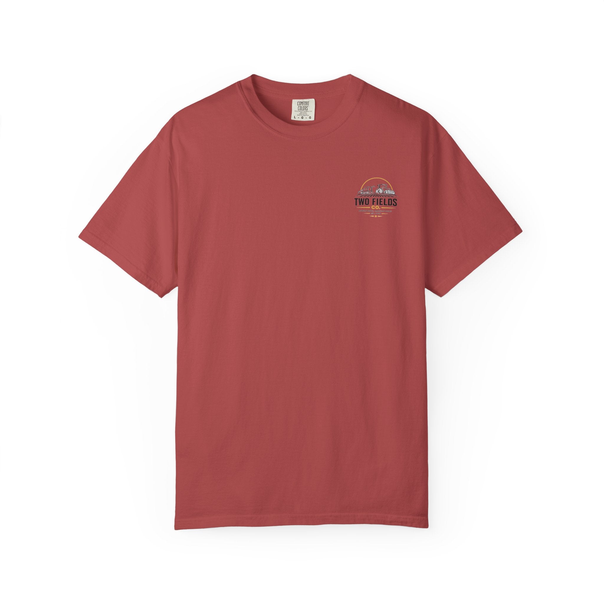 Rust red T-shirt with short sleeves and small Two Fields Co. chest logo print
