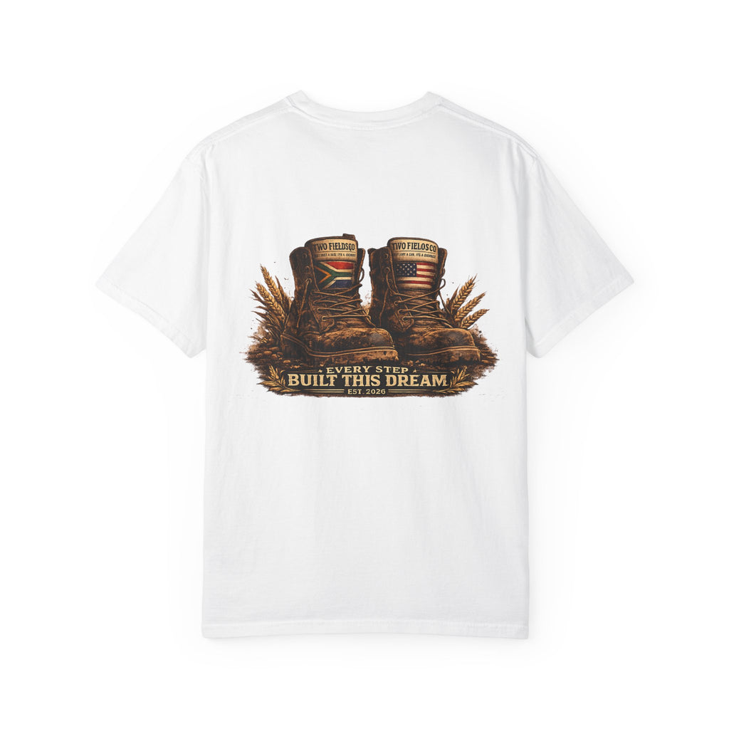 White T-shirt with boots graphic and slogan on back