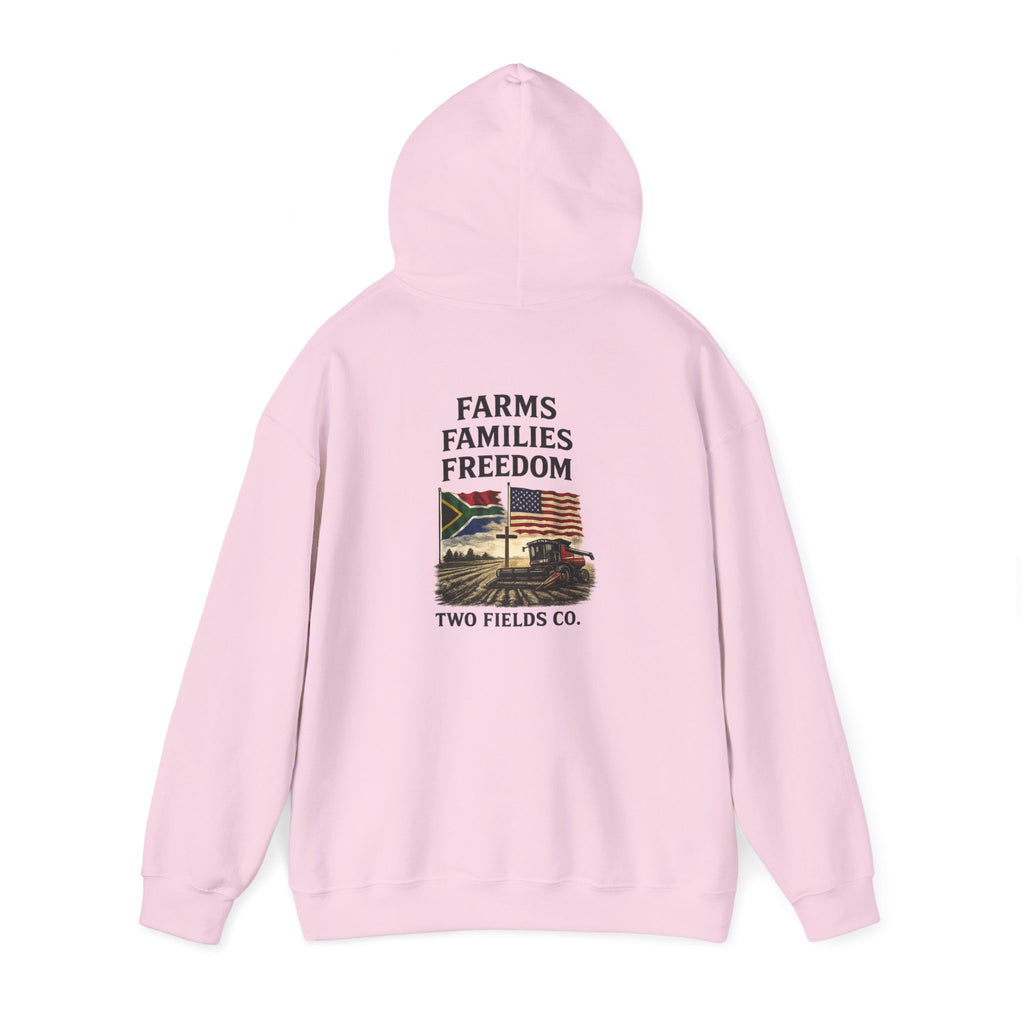 Light pink pullover hoodie with hood and centered 'Farms Families Freedom' print