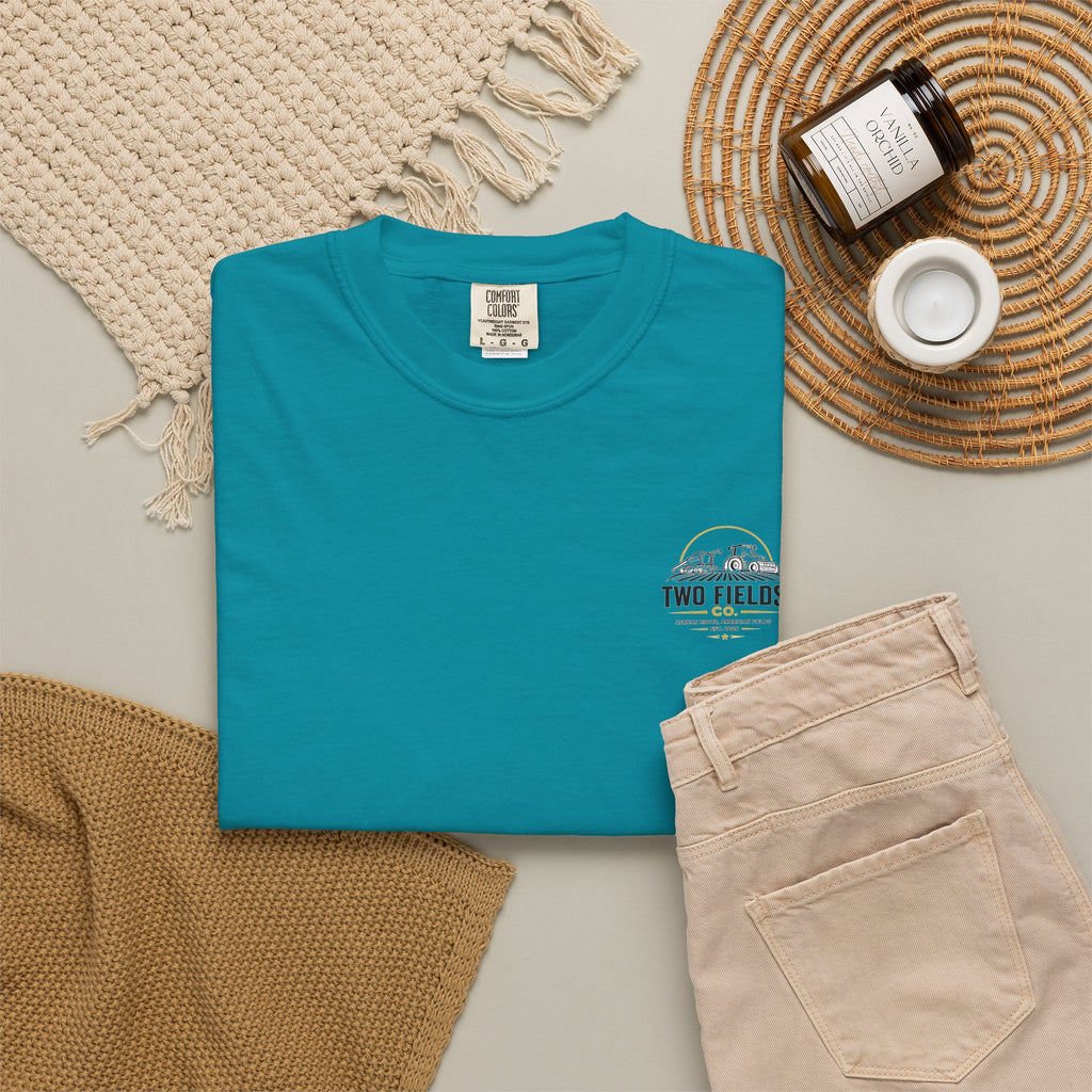 Teal blue crewneck T-shirt with small Two Fields logo on left chest