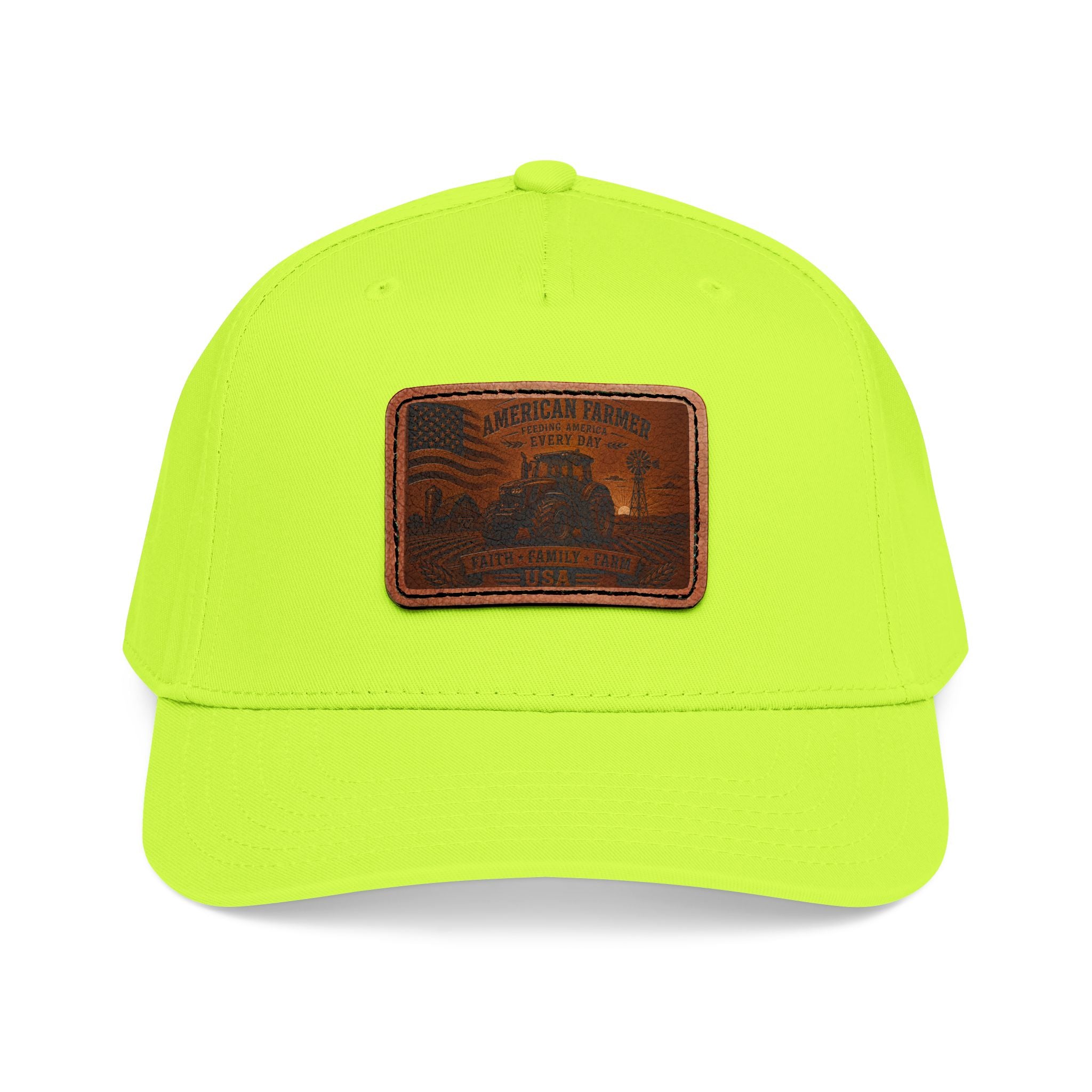 Neon lime baseball cap with tan leather rectangle patch