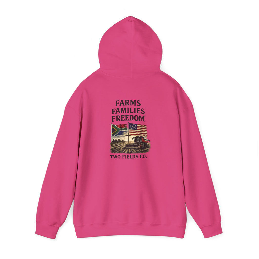 Hot pink pullover hoodie with hood and centered 'Farms Families Freedom' print