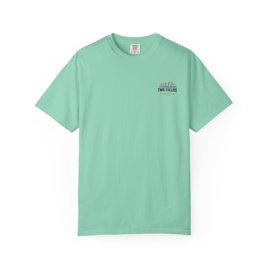 Mint green crew-neck T-shirt with small Two Fields Co. mountain logo on chest
