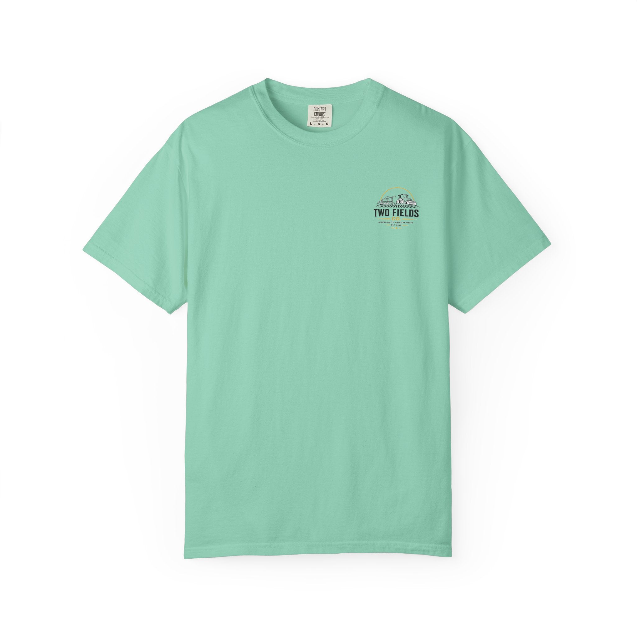 Mint green crew-neck T-shirt with small Two Fields Co. mountain logo on chest