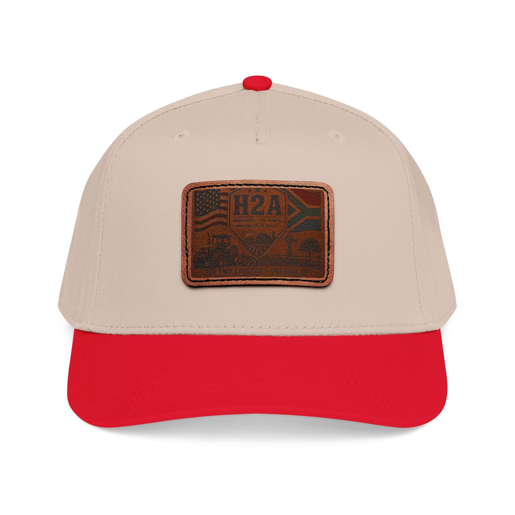 Mid-profile baseball cap in light beige with red brim and rectangular H2A leather patch.