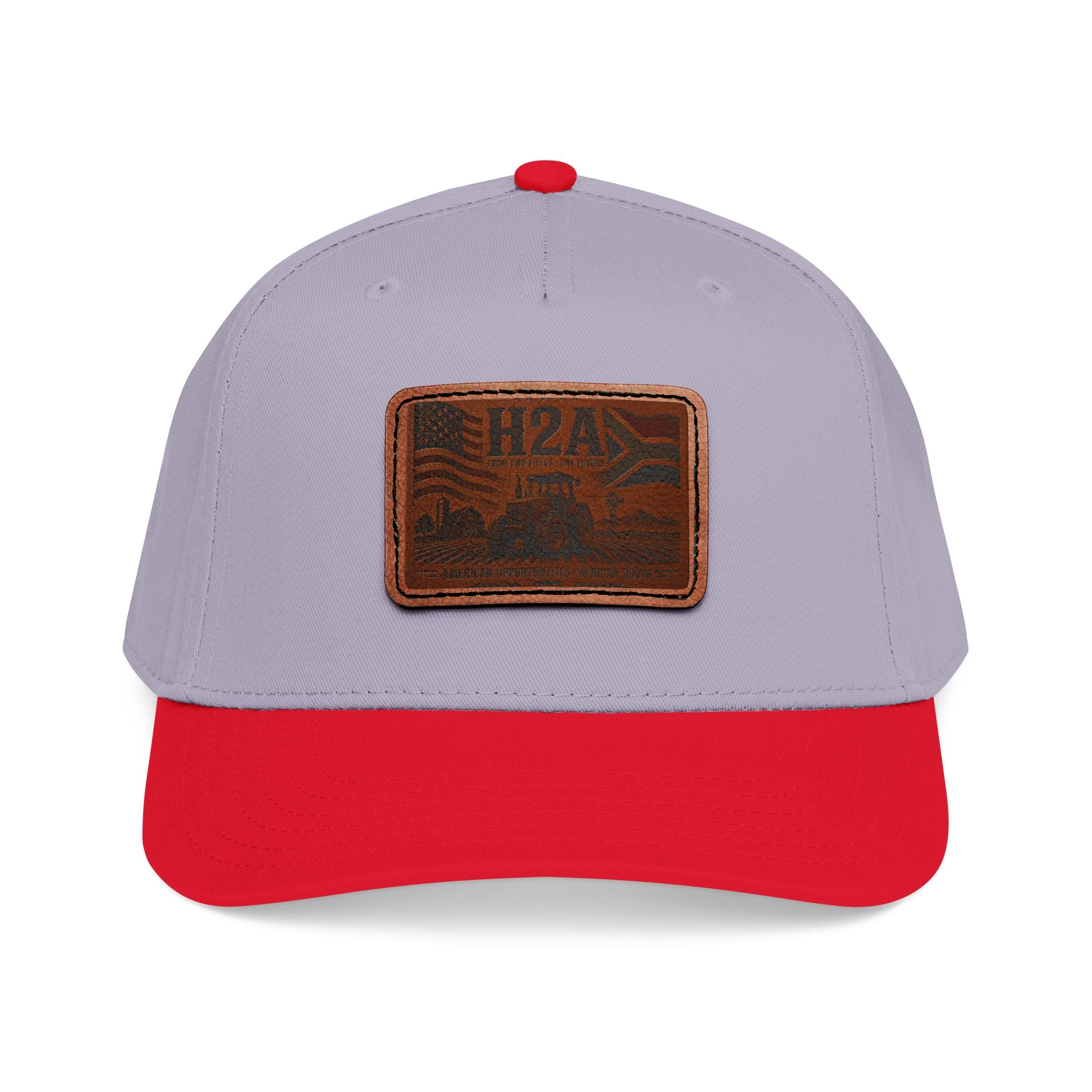 Light gray and red two-tone baseball cap with light brown rectangular patch logo