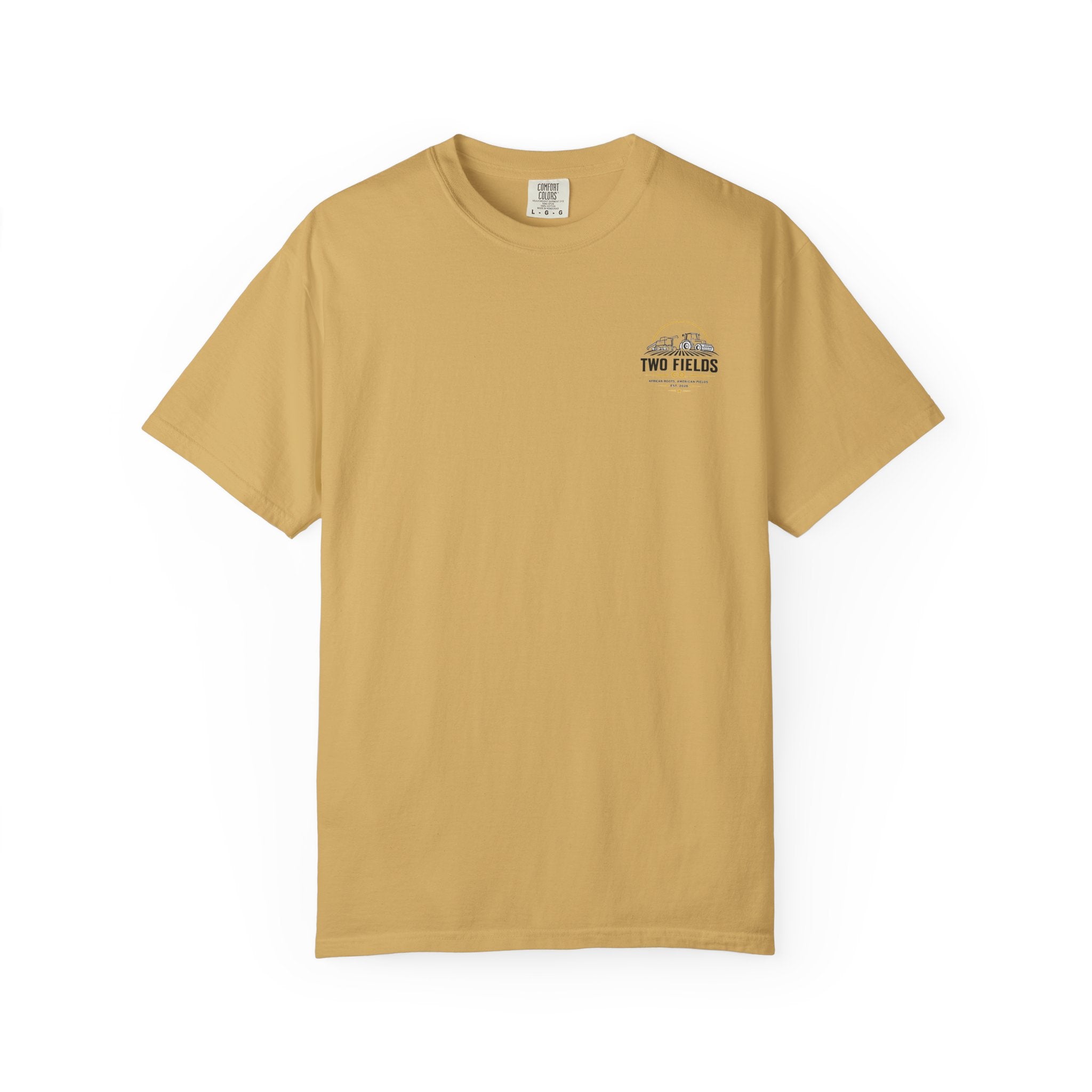 Tan T-shirt with small Two Fields logo on left chest