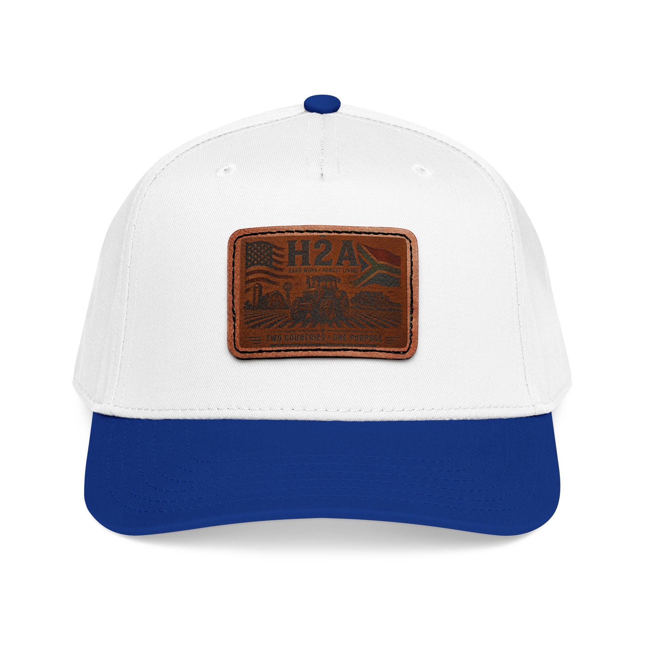 White baseball cap with blue brim and rectangular leather patch H2A outdoor logo