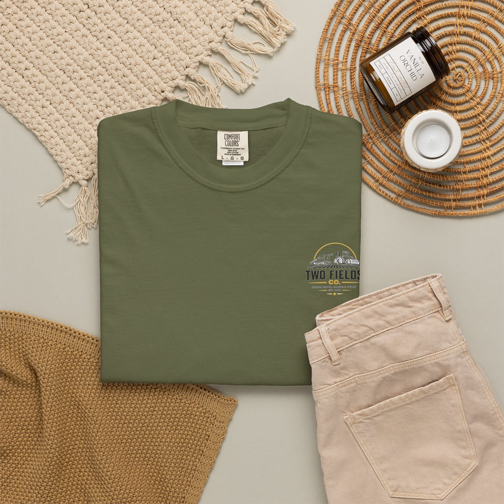 Olive green T-shirt with chest Two Fields Co arched logo graphic