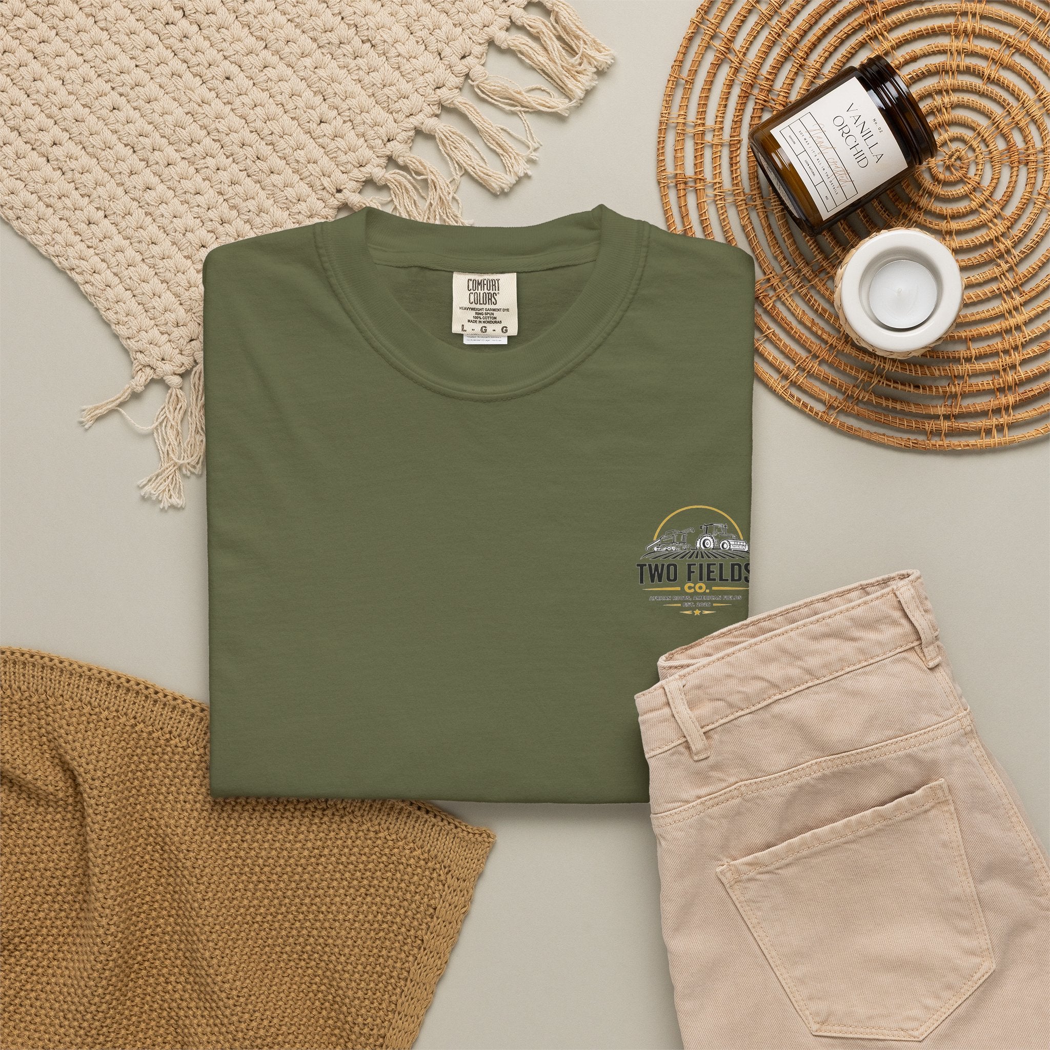 Olive green T-shirt with chest Two Fields Co arched logo graphic