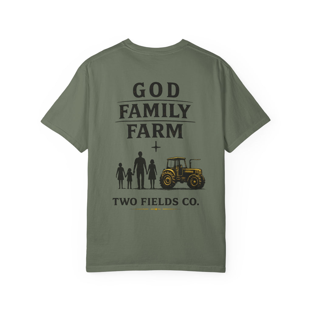 Olive green T-shirt with 'GOD FAMILY FARM' text, family figures, and tractor graphic