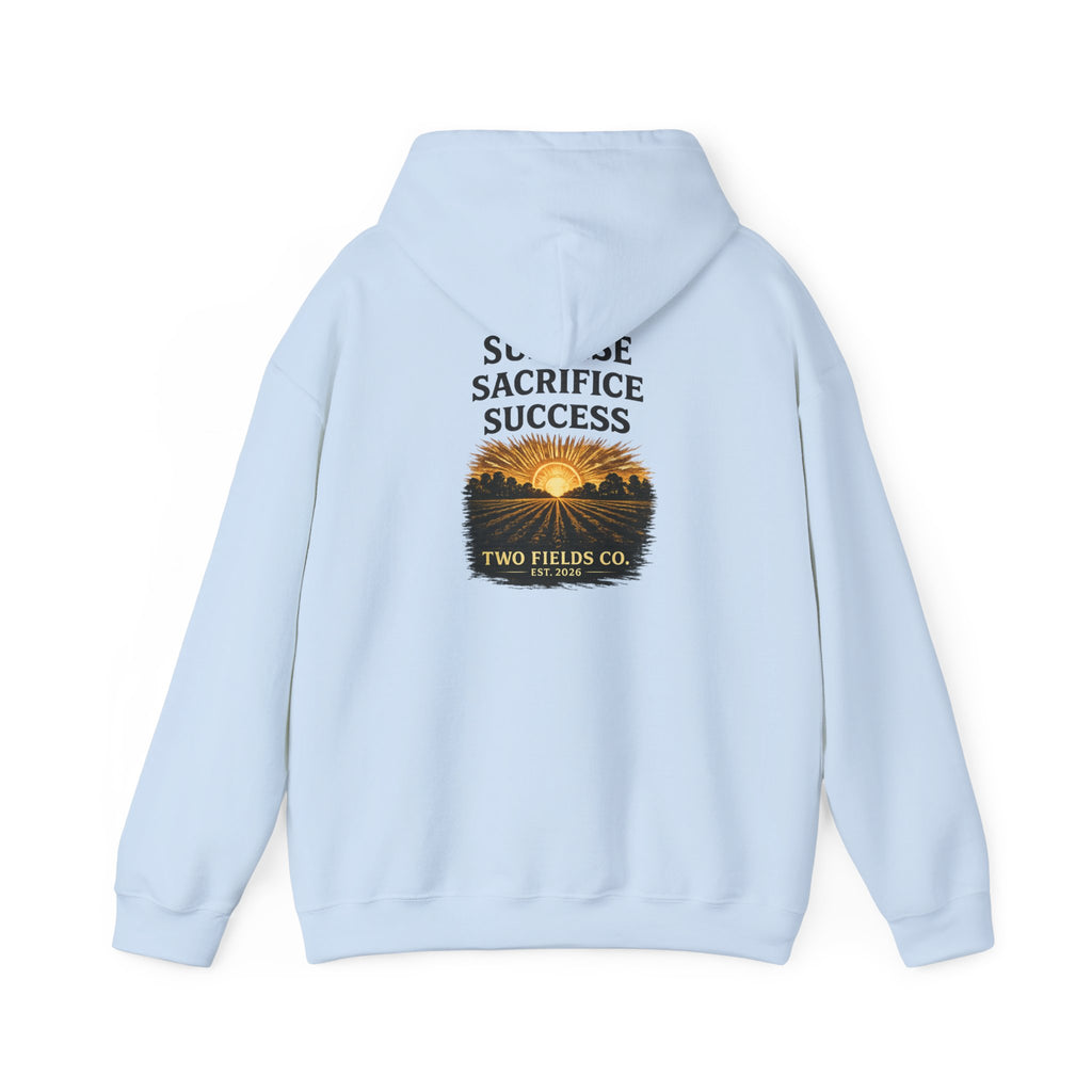 Light blue hooded sweatshirt with “Sunrise Sacrifice Success” back graphic and logo