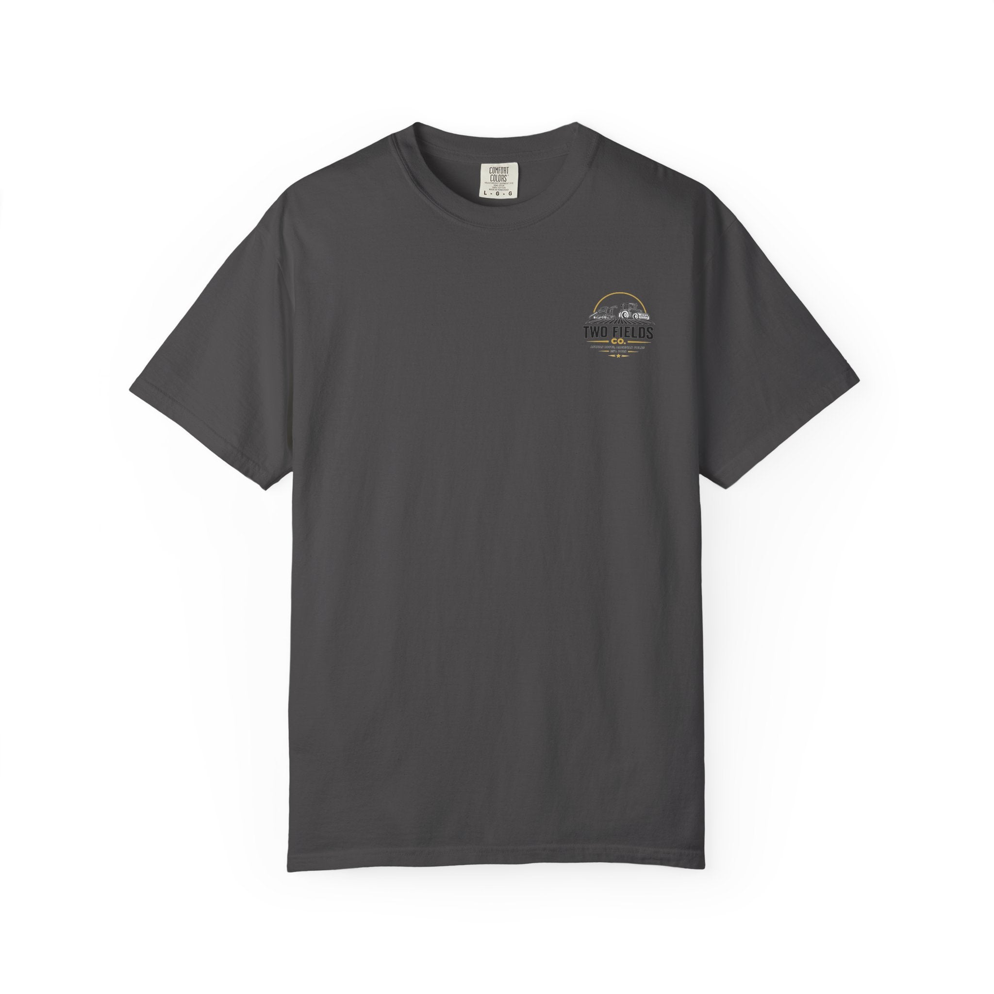 Dark gray short-sleeve T-shirt with small chest Two Fields Co. circular logo