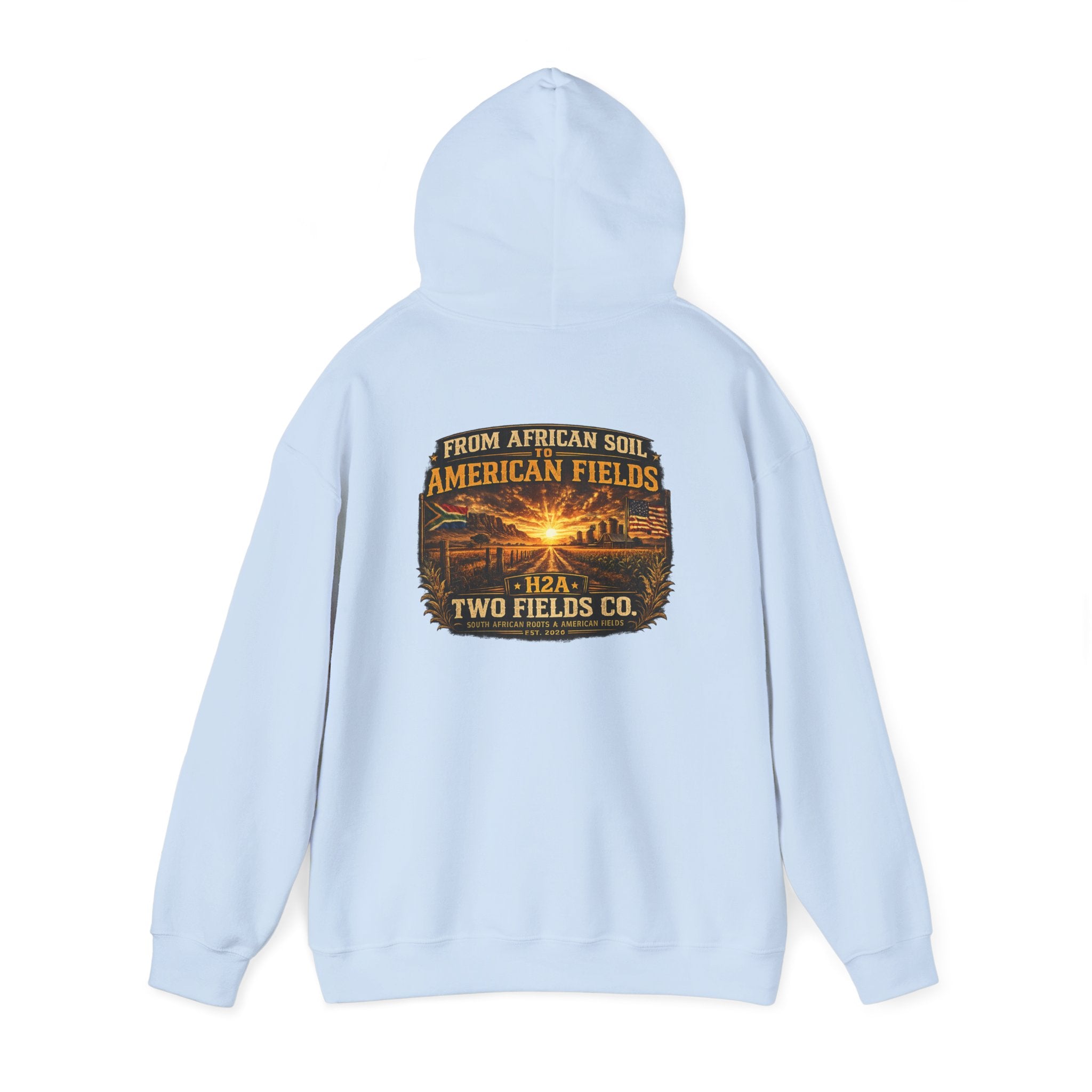 Light blue hoodie with hood and front pocket, back vintage logo graphic print