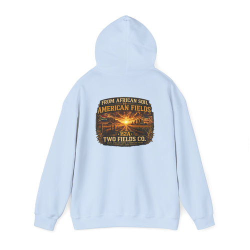 Light blue hoodie with hood and front pocket, back vintage logo graphic print