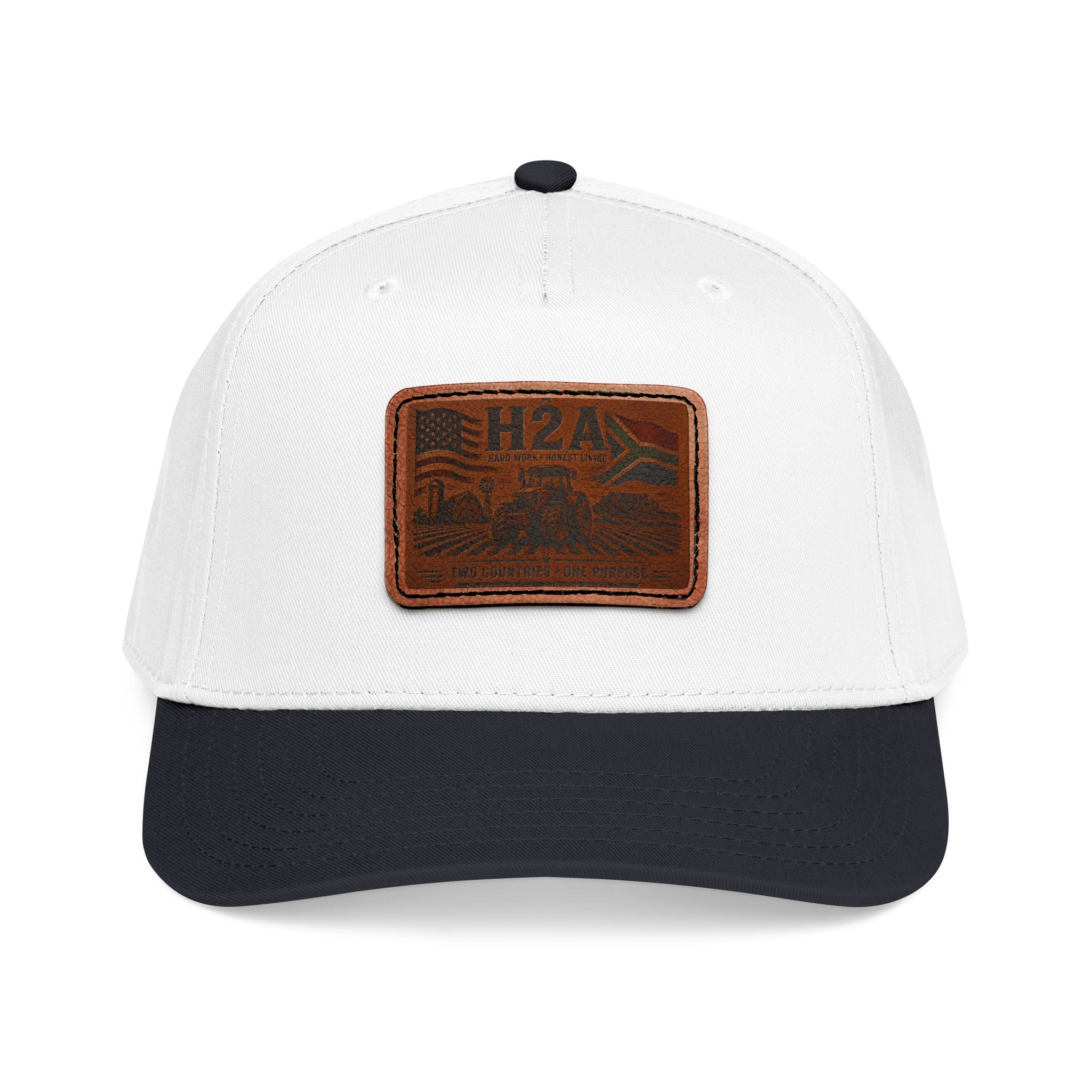 Leather patch baseball cap in white with dark navy brim, rectangle H2A logo patch