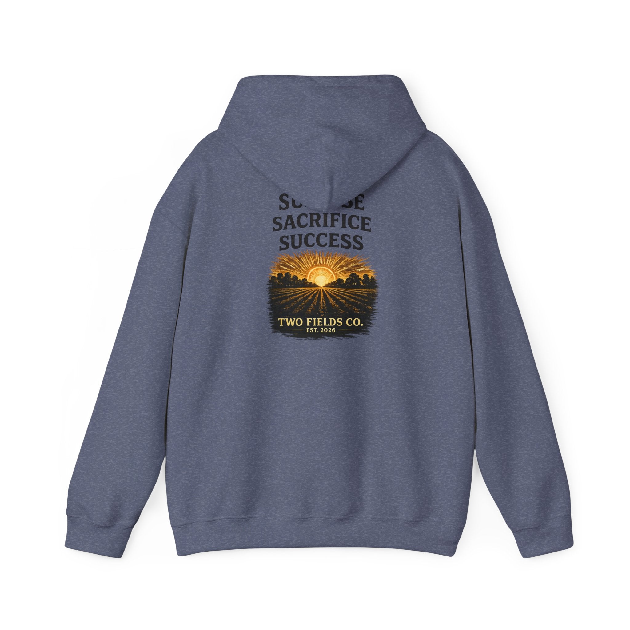Gray pullover hoodie with Sunrise Sacrifice Success sunrise graphic and Two Fields Co.