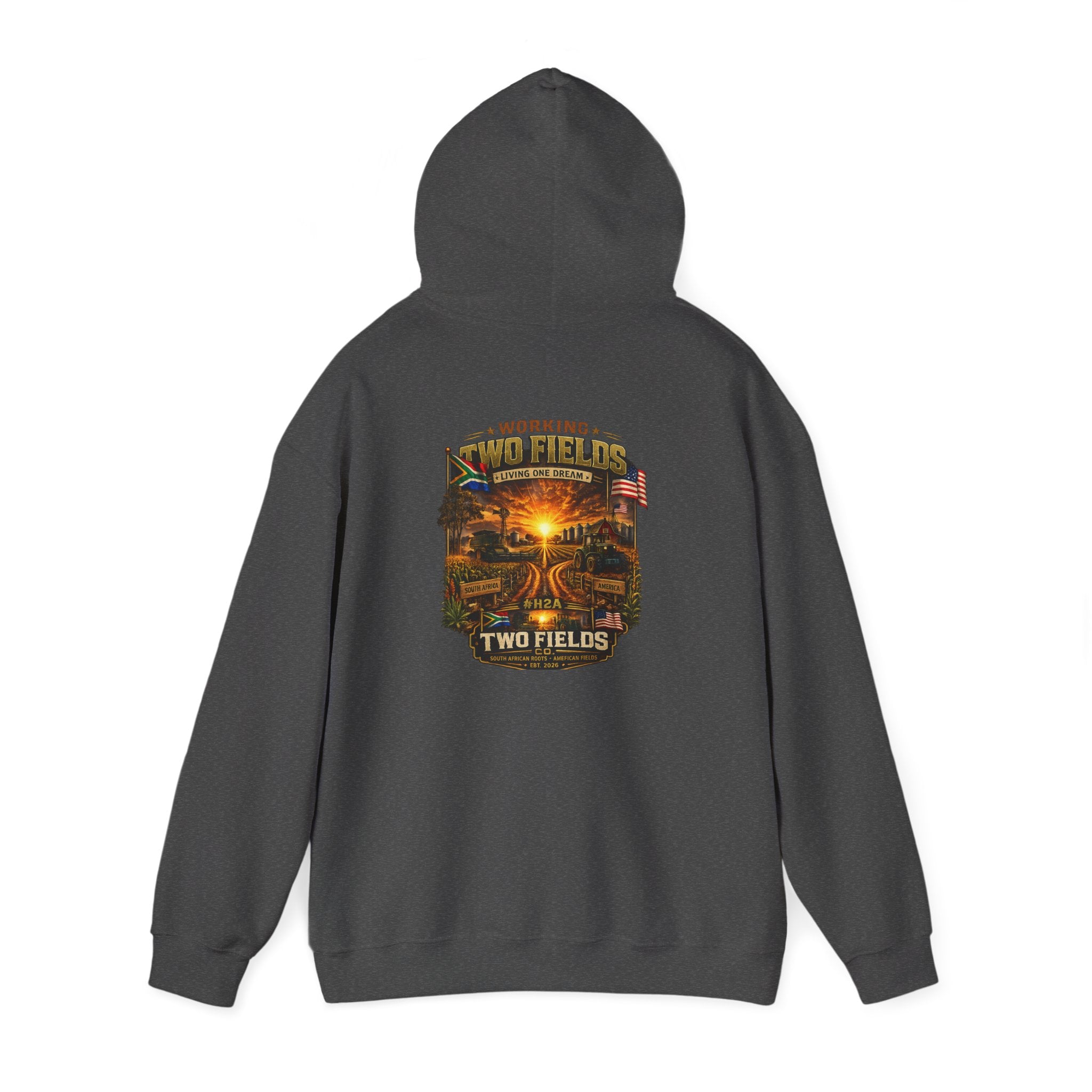Charcoal pullover hoodie with hood and front pocket; back square scenic farm sunset graphic