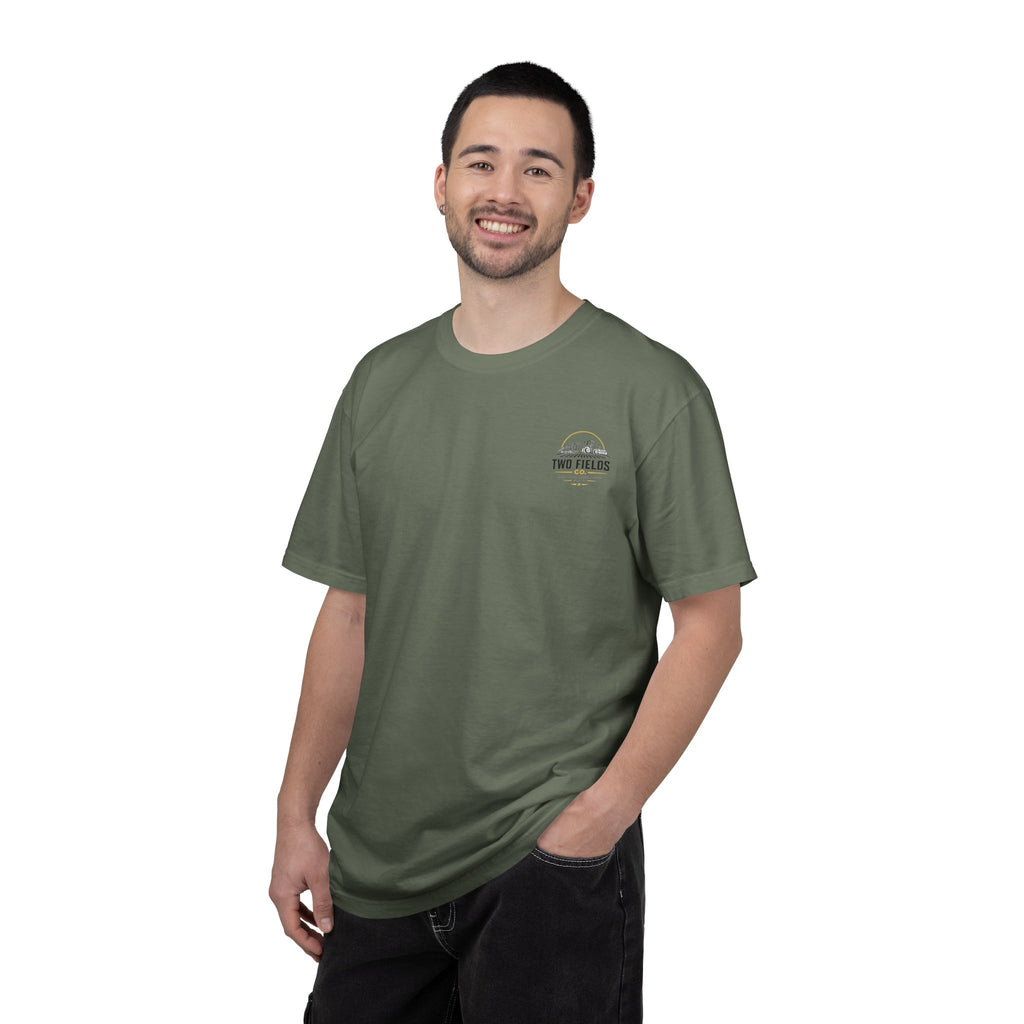 Olive green T-shirt on model with small Two Fields Co arched logo on chest