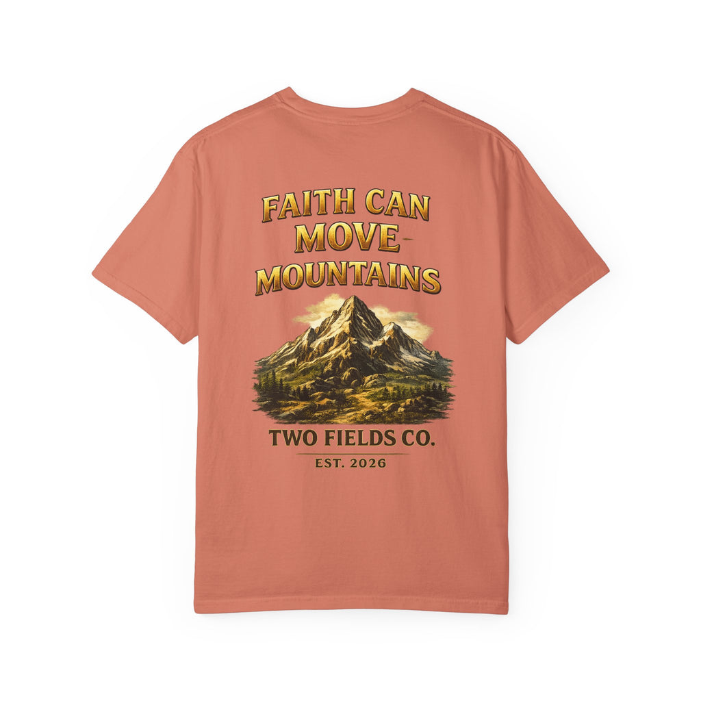 Rust crewneck t-shirt with faith can move mountains mountain graphic front