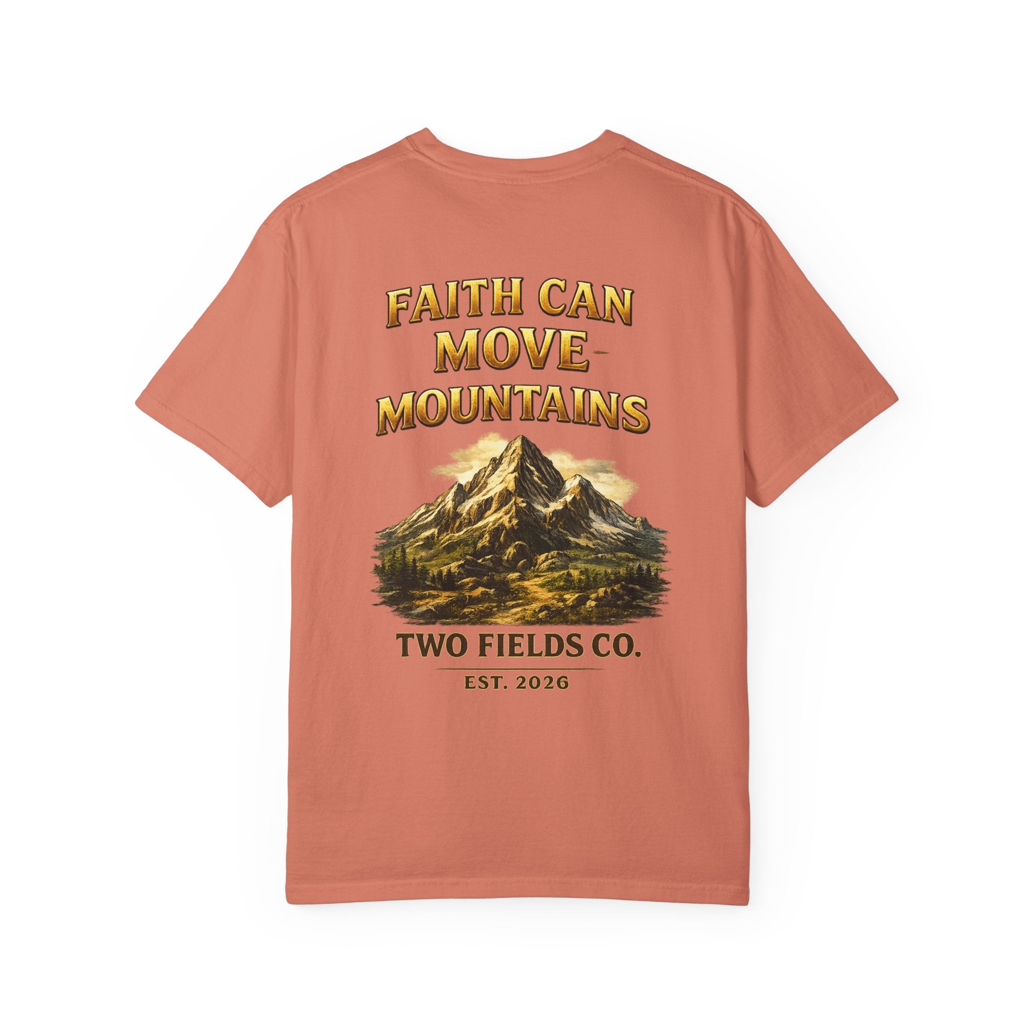 Rust crewneck t-shirt with faith can move mountains mountain graphic front