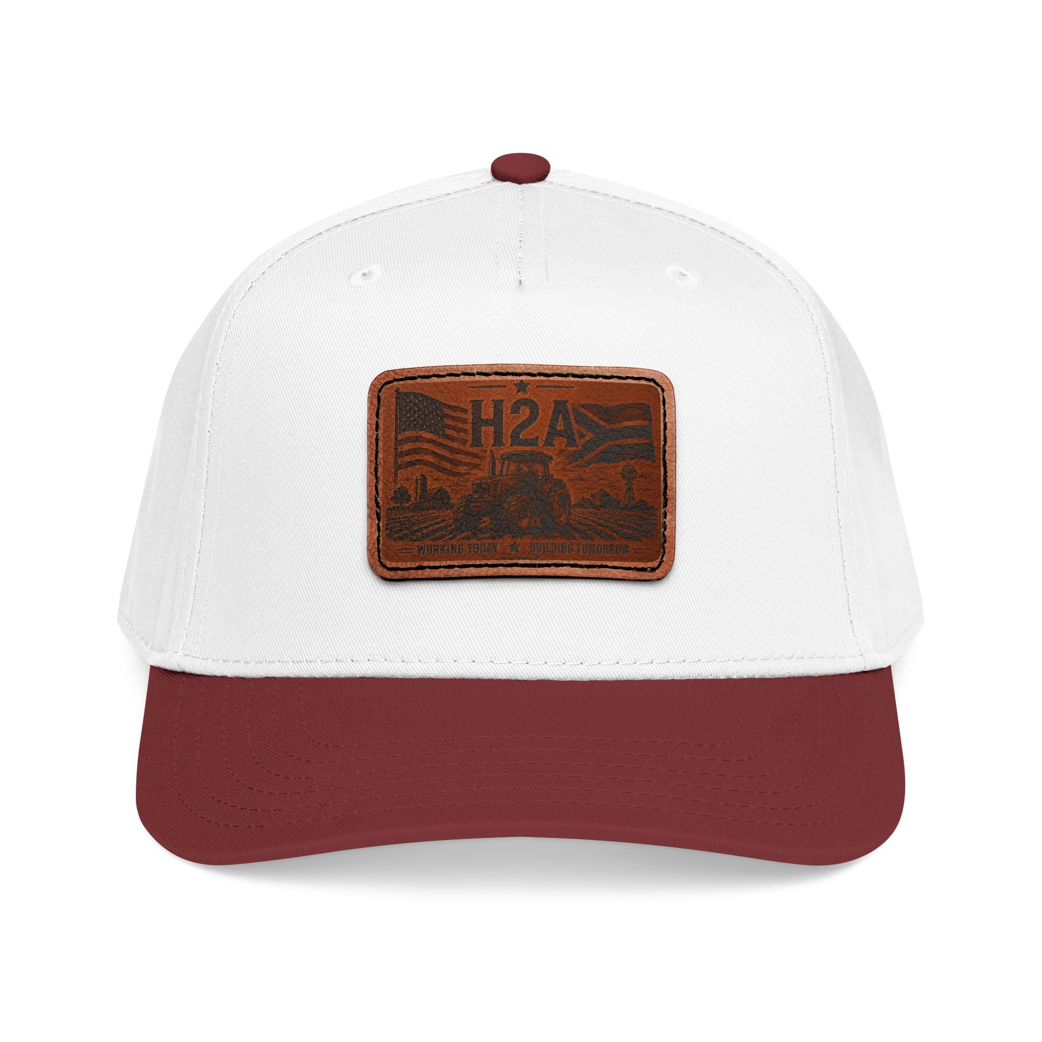 White trucker baseball cap with maroon/red brim and brown leather-look H2A patch.
