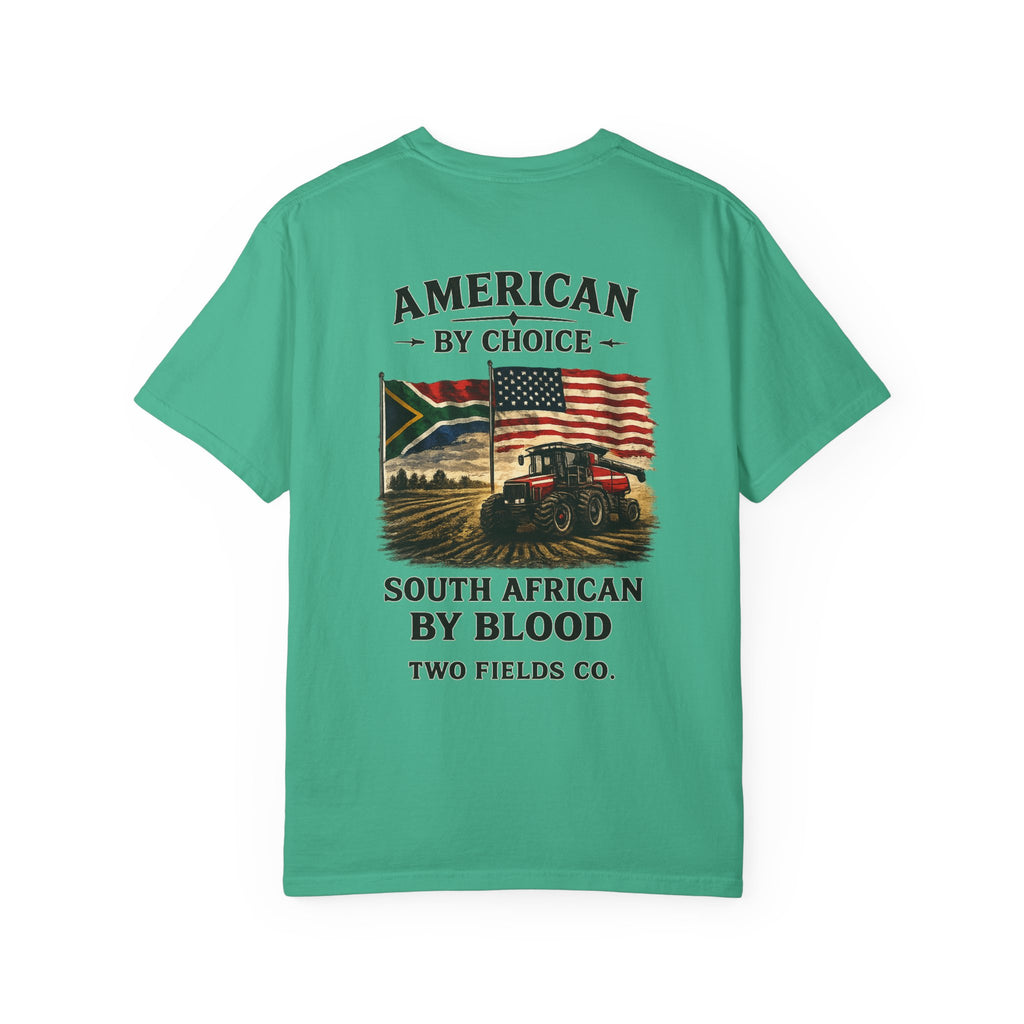 Teal green T-shirt with American by Choice South African by Blood front graphic