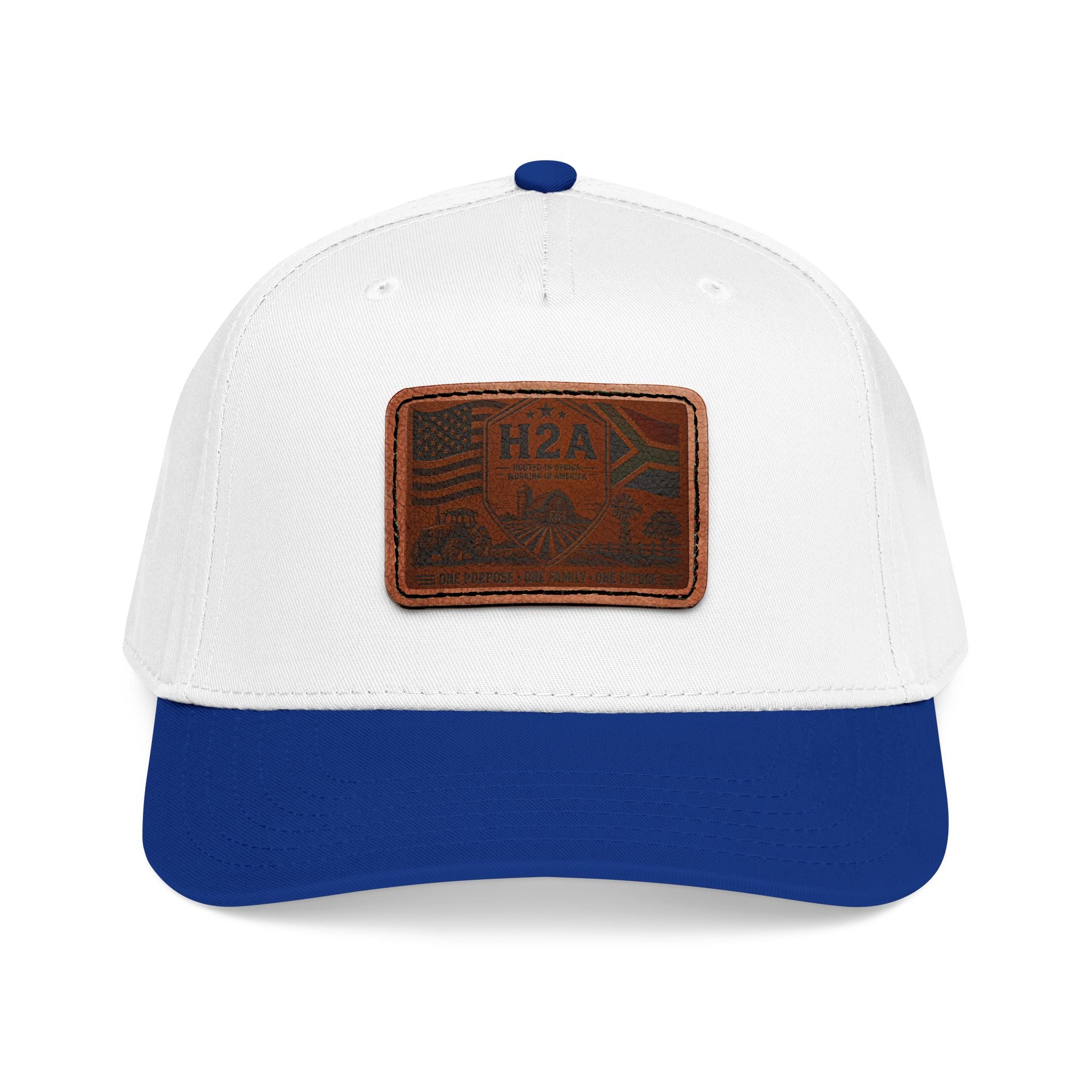 White baseball cap with rectangular brown H2A flag leather patch and dark blue brim