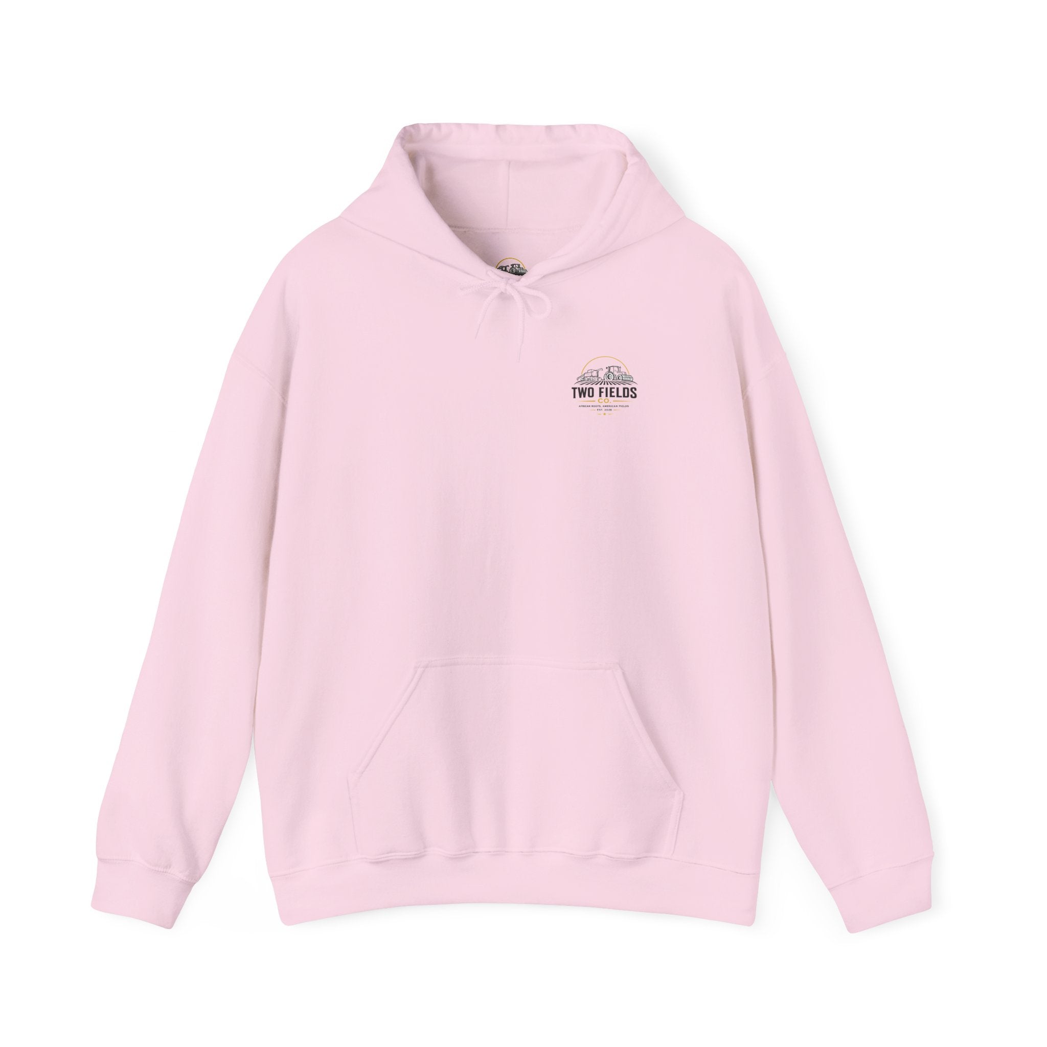 Pink pullover hoodie with front pocket and small chest graphic logo