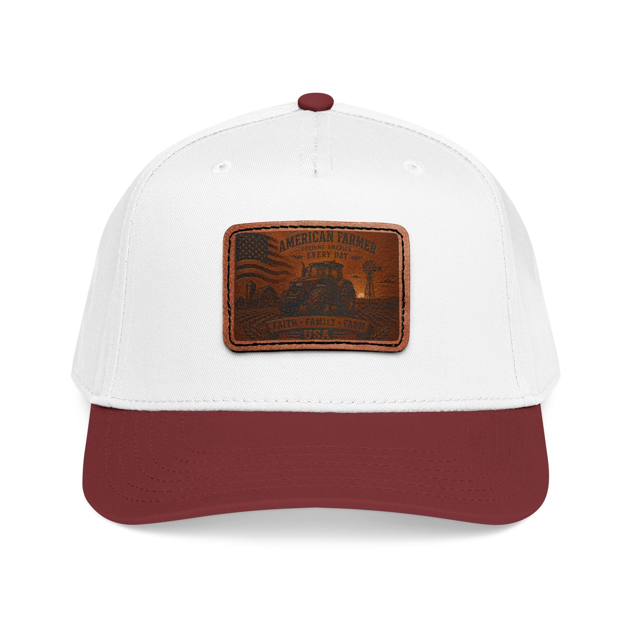 Leather patch baseball cap with white crown, maroon brim, and stitched leather badge.